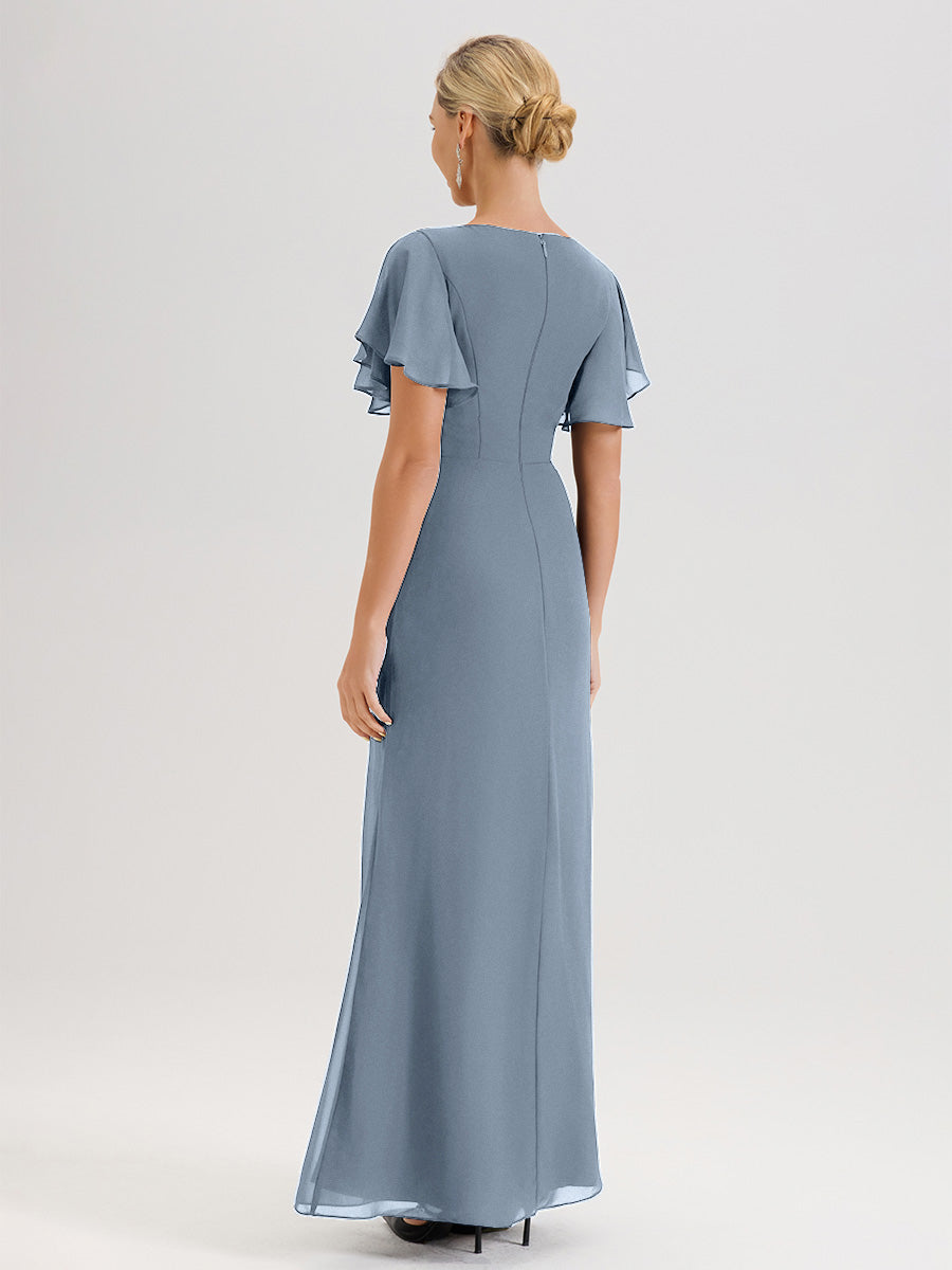 Cicinia Robe Pour Mère De La Mariée Bleu Poudre Longueur Au Sol En Chiffon Col Rond À Manches Courtes Volantées