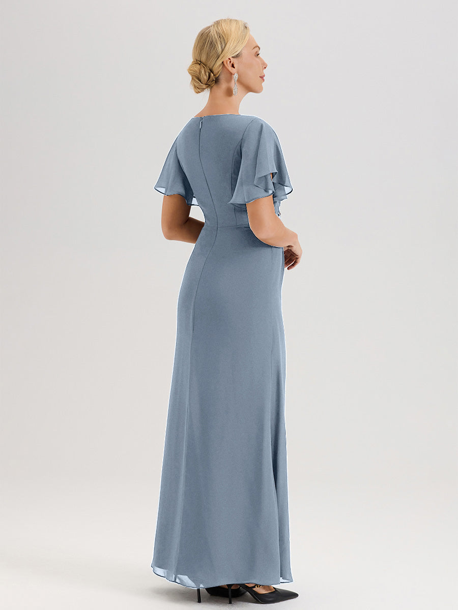 Cicinia Robe Pour Mère De La Mariée Bleu Poudre Longueur Au Sol En Chiffon Col Rond À Manches Courtes Volantées