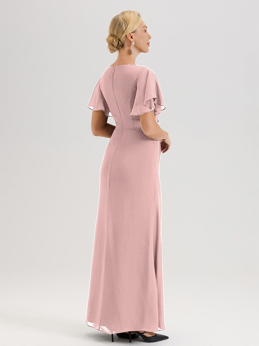 Cicinia Robe Pour Mère De La Mariée Rose Poudrée Longueur Au Sol En Chiffon Col Rond À Manches Courtes Volantées