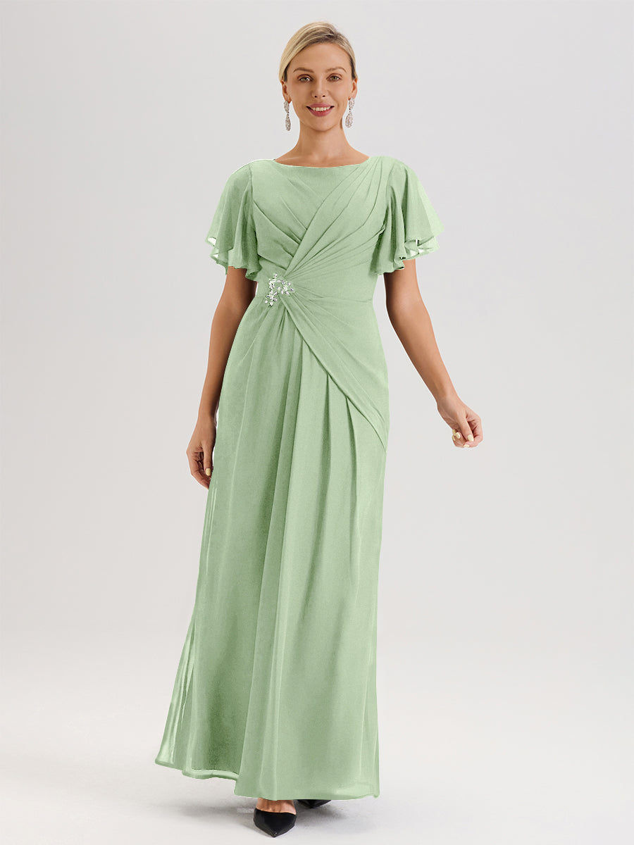 Cicinia Robe Pour Mère De La Mariée Sauge Poudre Longueur Au Sol En Chiffon Col Rond À Manches Courtes Volantées