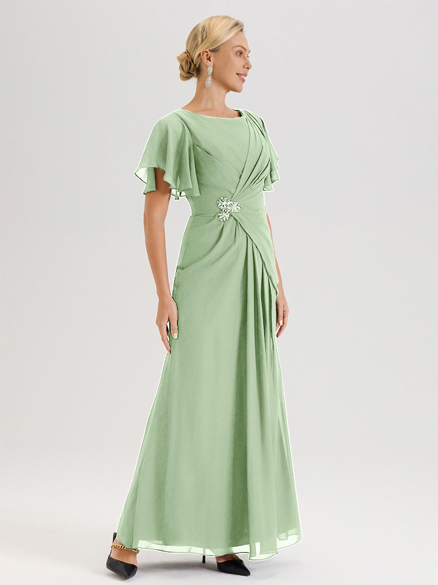 Cicinia Robe Pour Mère De La Mariée Sauge Poudre Longueur Au Sol En Chiffon Col Rond À Manches Courtes Volantées
