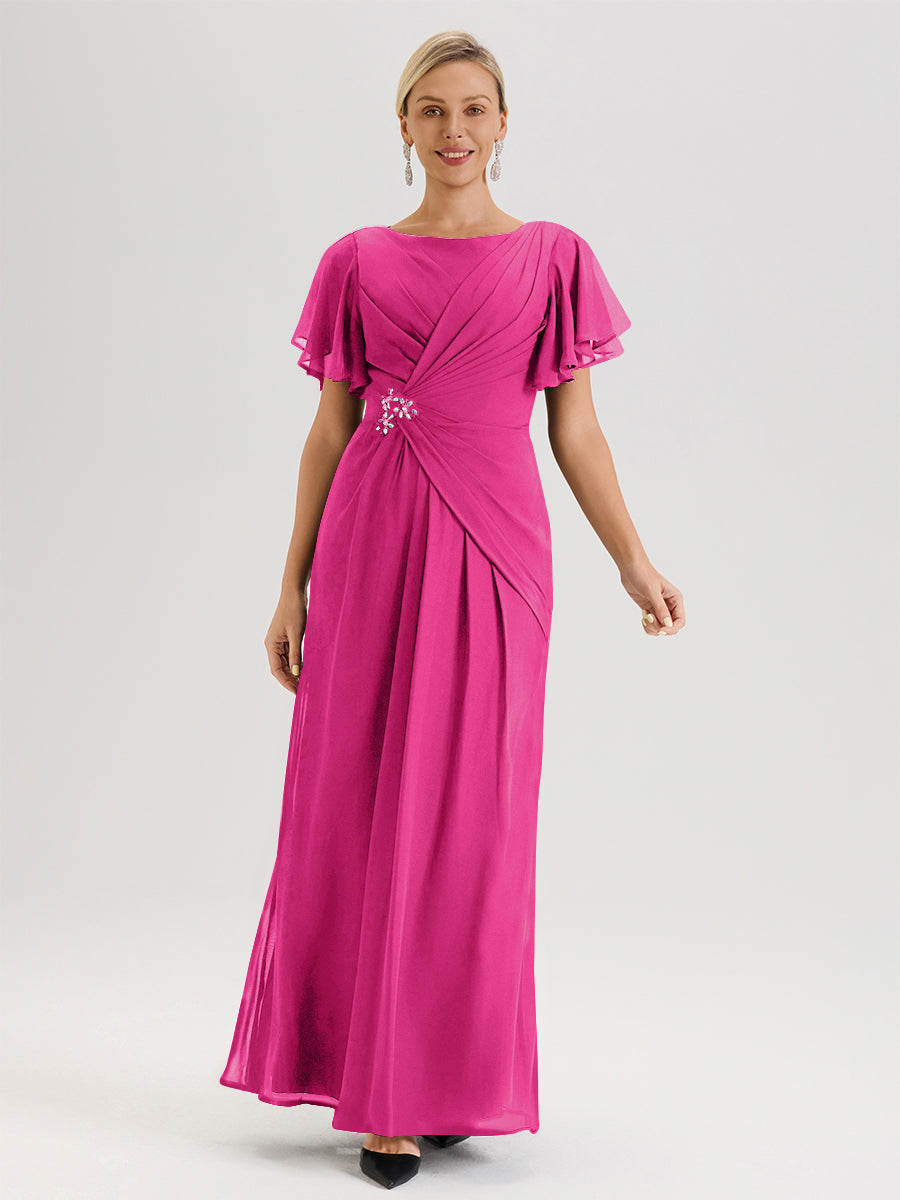 Cicinia Robe Pour Mère De La Mariée Orchidée Longueur Au Sol En Chiffon Col Rond À Manches Courtes Volantées