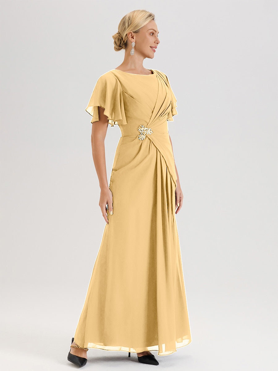 Cicinia Robe Pour Mère De La Mariée En Or Longueur Au Sol En Chiffon Col Rond À Manches Courtes Volantées