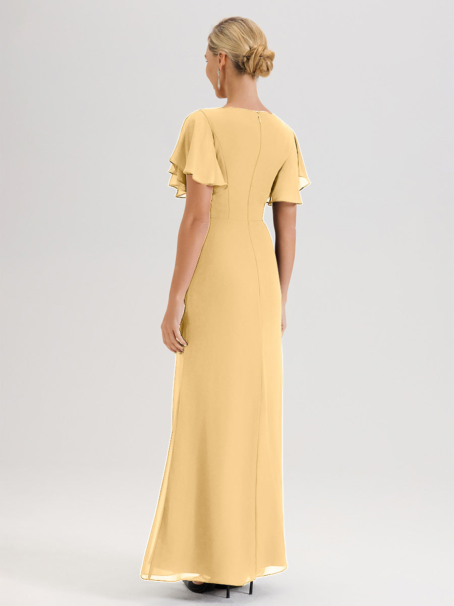 Cicinia Robe Pour Mère De La Mariée En Or Longueur Au Sol En Chiffon Col Rond À Manches Courtes Volantées