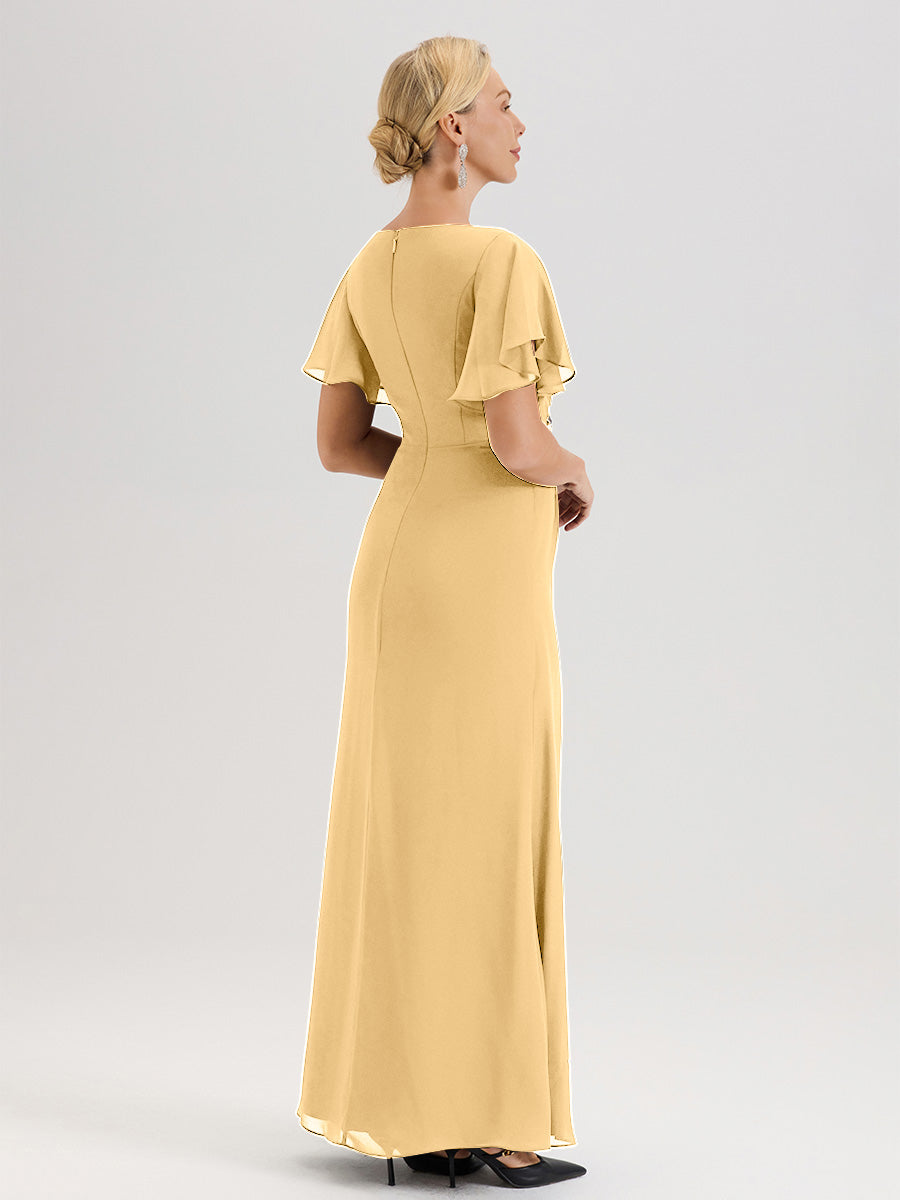 Cicinia Robe Pour Mère De La Mariée En Or Longueur Au Sol En Chiffon Col Rond À Manches Courtes Volantées
