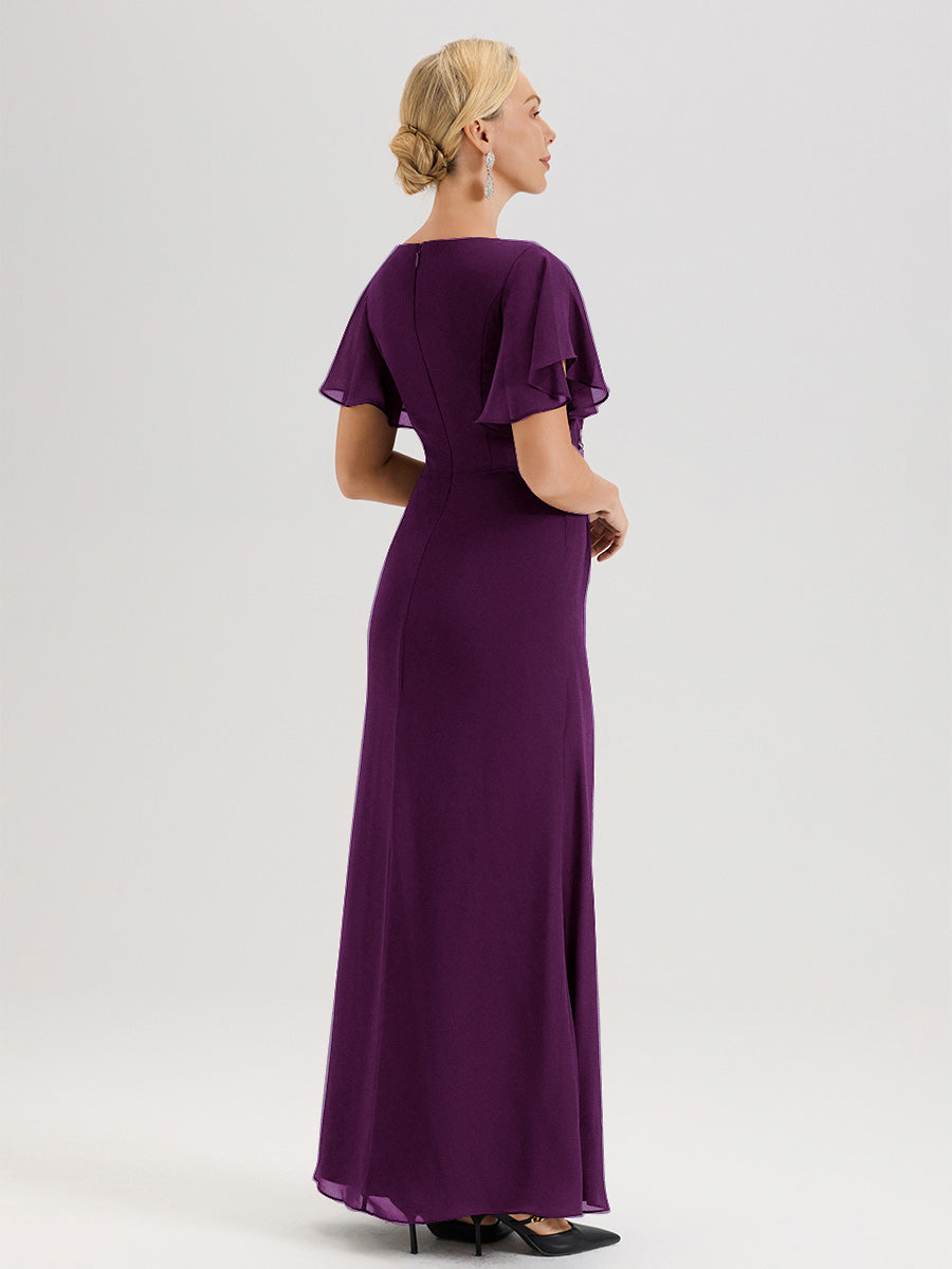 Cicinia Robe Pour Mère De La Mariée En Raisin Longueur Au Sol En Chiffon Col Rond À Manches Courtes Volantées