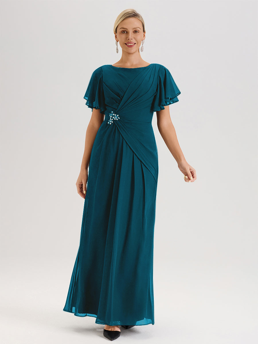 Cicinia Robe Pour Mère De La Mariée Bleu Encre Longueur Au Sol En Chiffon Col Rond À Manches Courtes Volantées