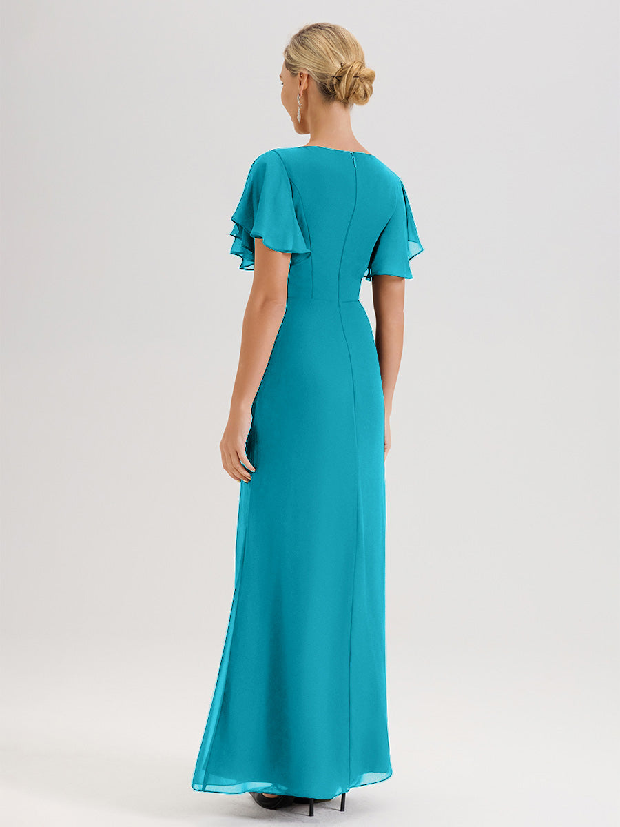 Cicinia Robe Pour Mère De La Mariée Jade Longueur Au Sol En Chiffon Col Rond À Manches Courtes Volantées