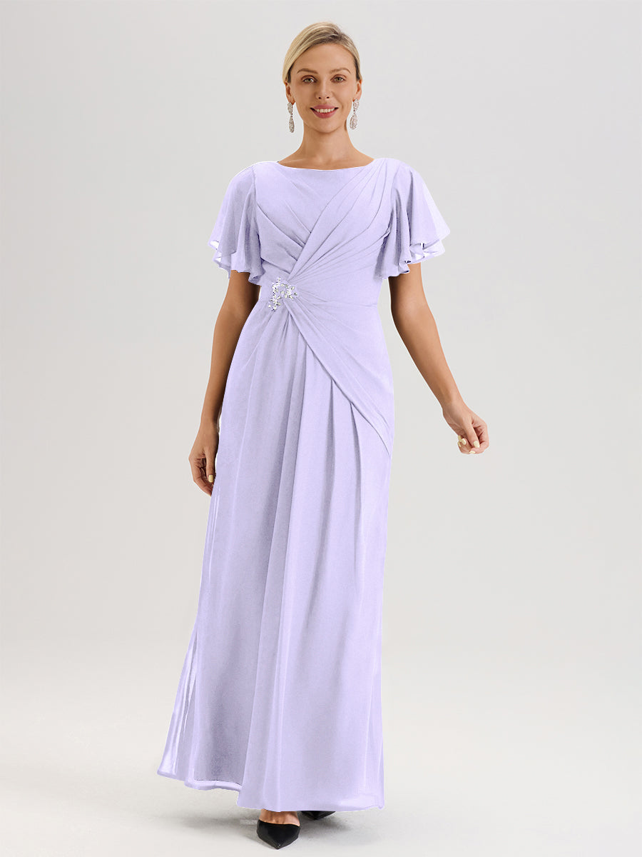 Cicinia Robe Pour Mère De La Mariée Rose Pale Longueur Au Sol En Chiffon Col Rond À Manches Courtes Volantées