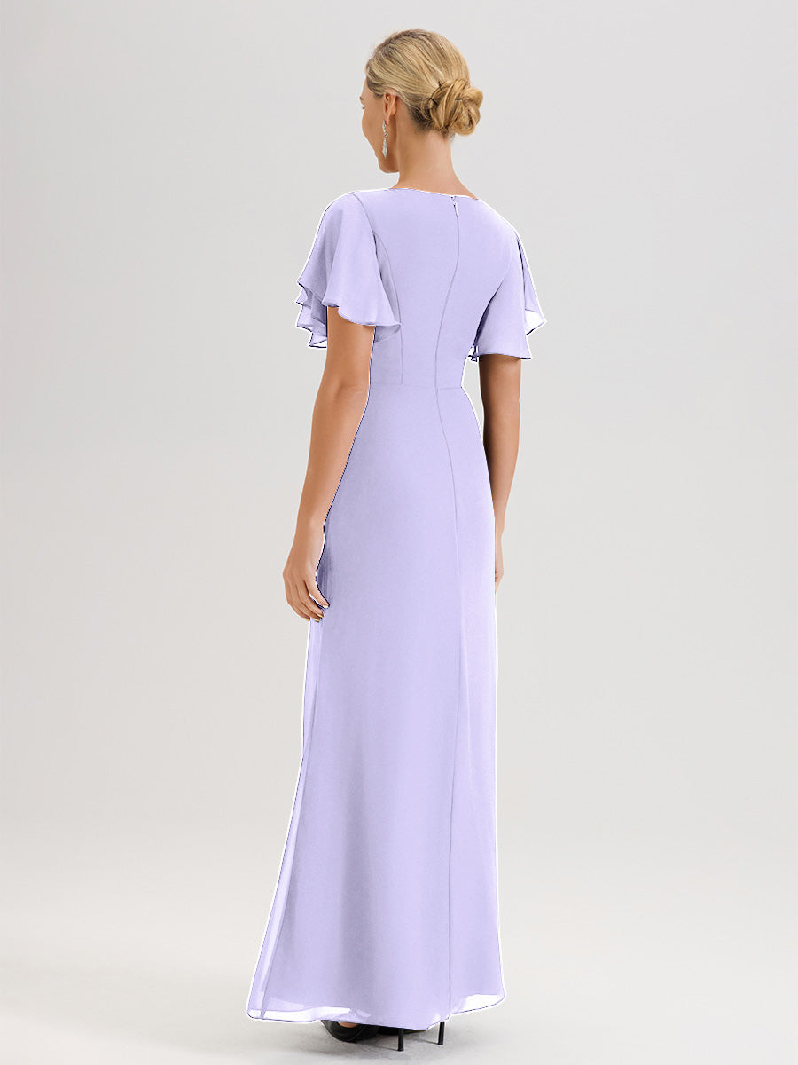 Cicinia Robe Pour Mère De La Mariée Lilas Longueur Au Sol En Chiffon Col Rond À Manches Courtes Volantées
