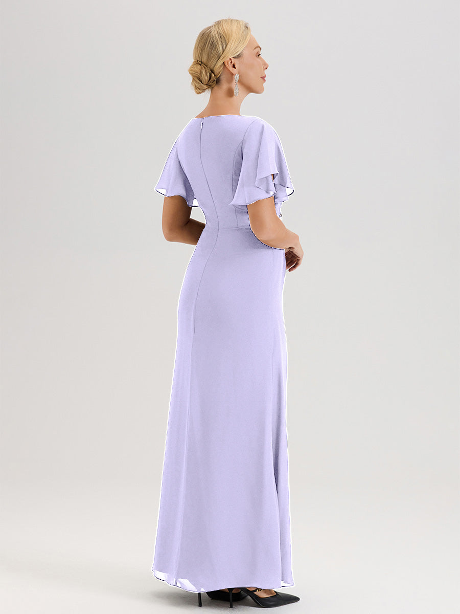 Cicinia Robe Pour Mère De La Mariée Lilas Longueur Au Sol En Chiffon Col Rond À Manches Courtes Volantées