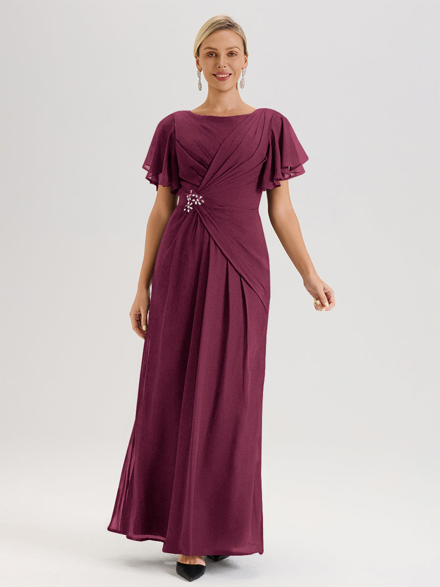 Cicinia Robe Pour Mère De La Mariée Mûre Longueur Au Sol En Chiffon Col Rond À Manches Courtes Volantées