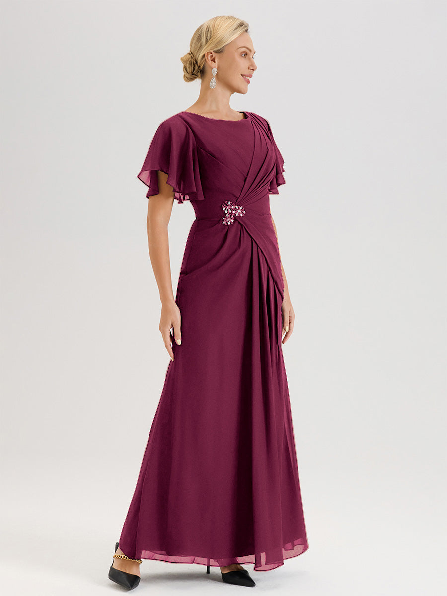 Cicinia Robe Pour Mère De La Mariée Mûre Longueur Au Sol En Chiffon Col Rond À Manches Courtes Volantées