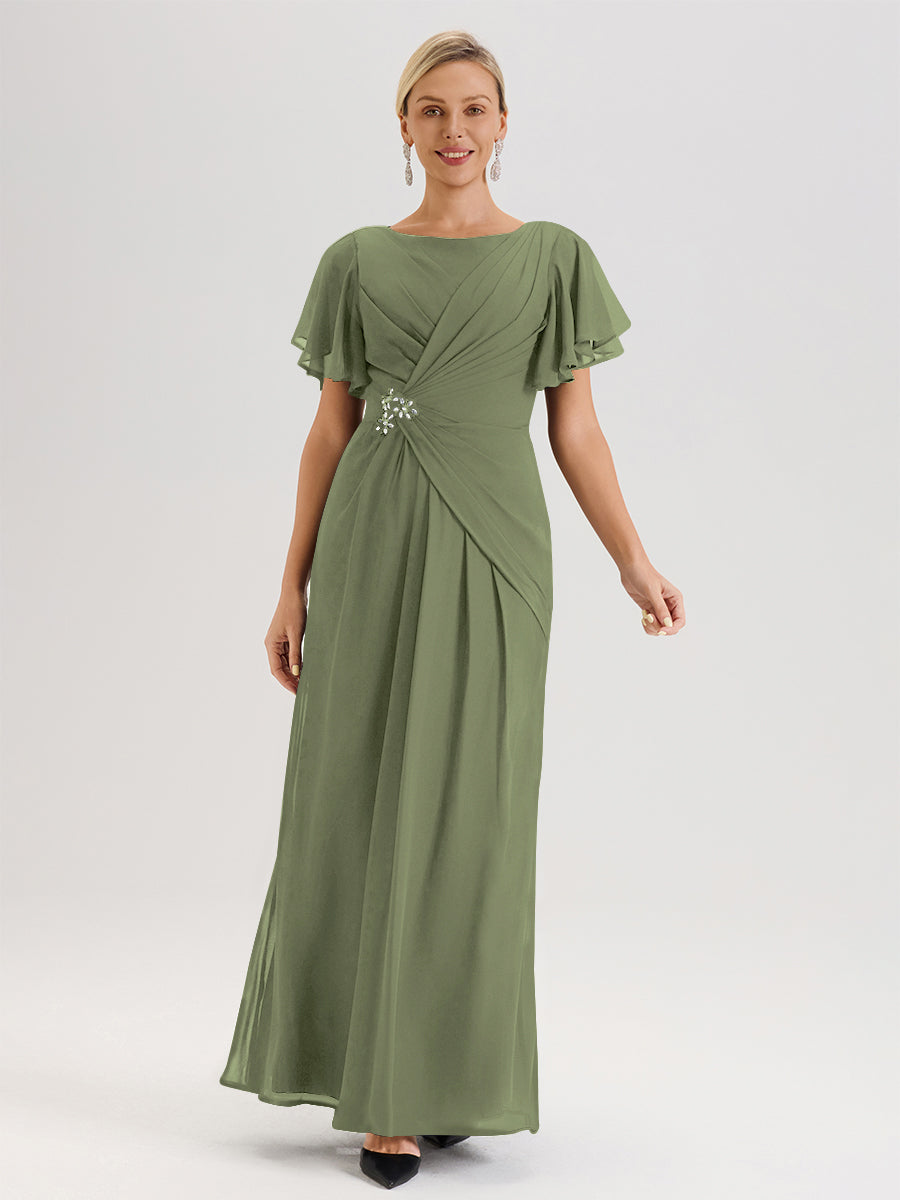 Cicinia Robe Pour Mère De La Mariée Celadon Longueur Au Sol En Chiffon Col Rond À Manches Courtes Volantées
