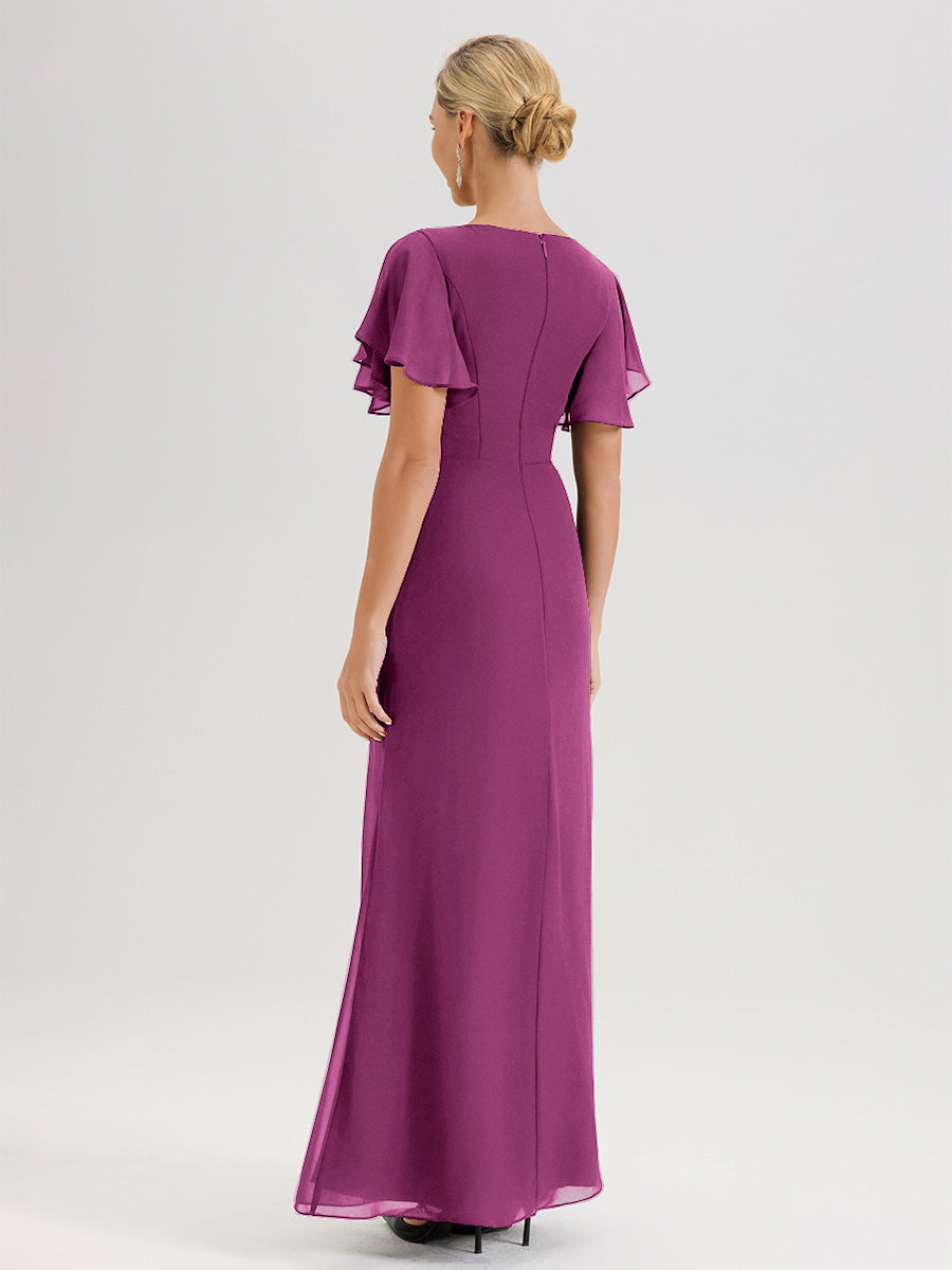 Cicinia Robe Pour Mère De La Mariée Orchidée Longueur Au Sol En Chiffon Col Rond À Manches Courtes Volantées