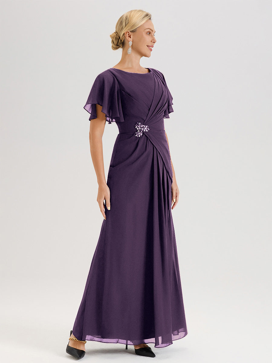 Cicinia Robe Pour Mère De La Mariée Plum Longueur Au Sol En Chiffon Col Rond À Manches Courtes Volantées