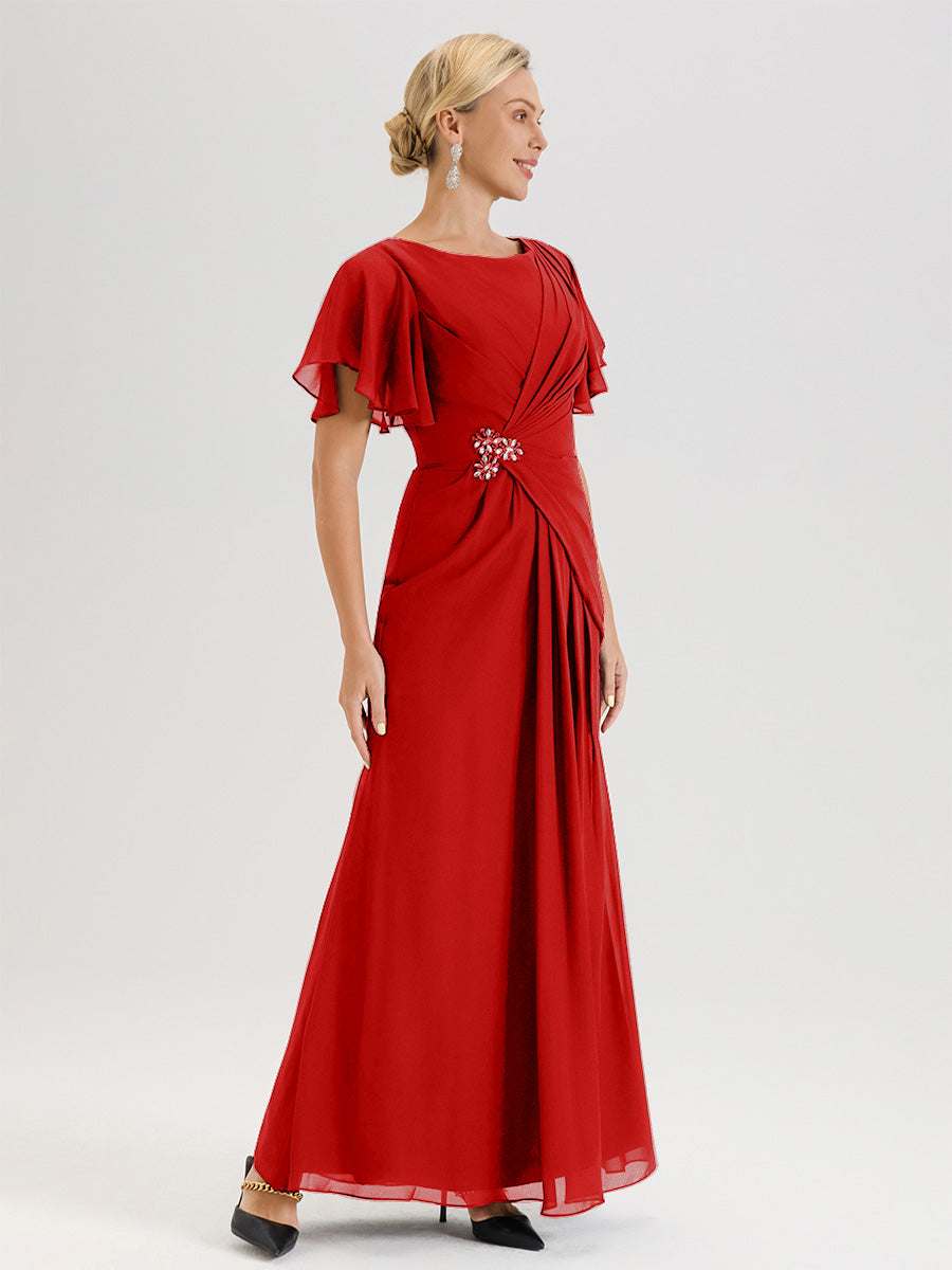 Cicinia Robe Pour Mère De La Mariée Rouge Longueur Au Sol En Chiffon Col Rond À Manches Courtes Volantées