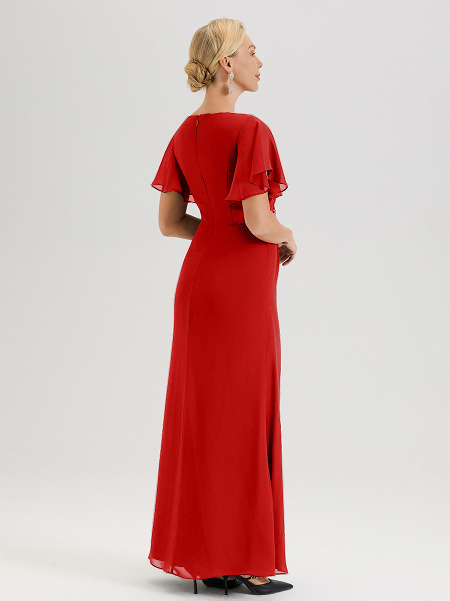 Cicinia Robe Pour Mère De La Mariée Rouge Longueur Au Sol En Chiffon Col Rond À Manches Courtes Volantées