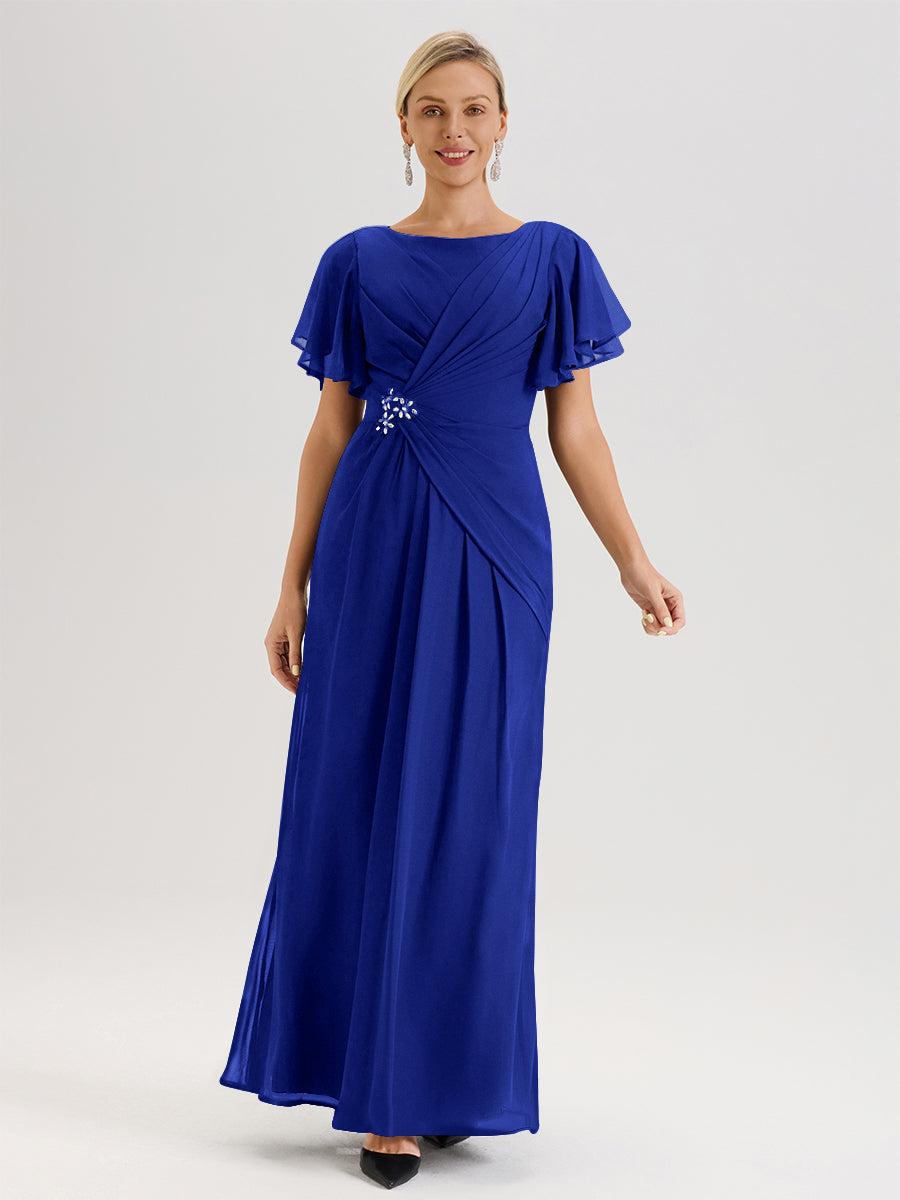 Cicinia Robe Pour Mère De La Mariée Bleu Royal Longueur Au Sol En Chiffon Col Rond À Manches Courtes Volantées
