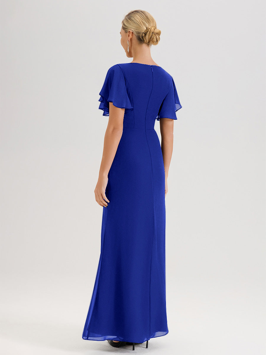 Cicinia Robe Pour Mère De La Mariée Bleu Royal Longueur Au Sol En Chiffon Col Rond À Manches Courtes Volantées