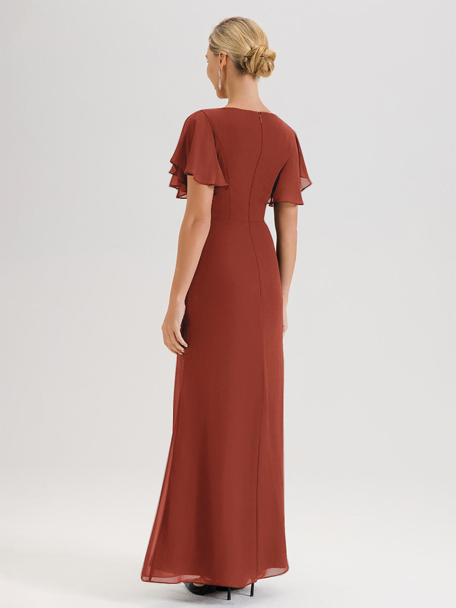 Cicinia Robe Pour Mère De La Mariée Rouille Longueur Au Sol En Chiffon Col Rond À Manches Courtes Volantées