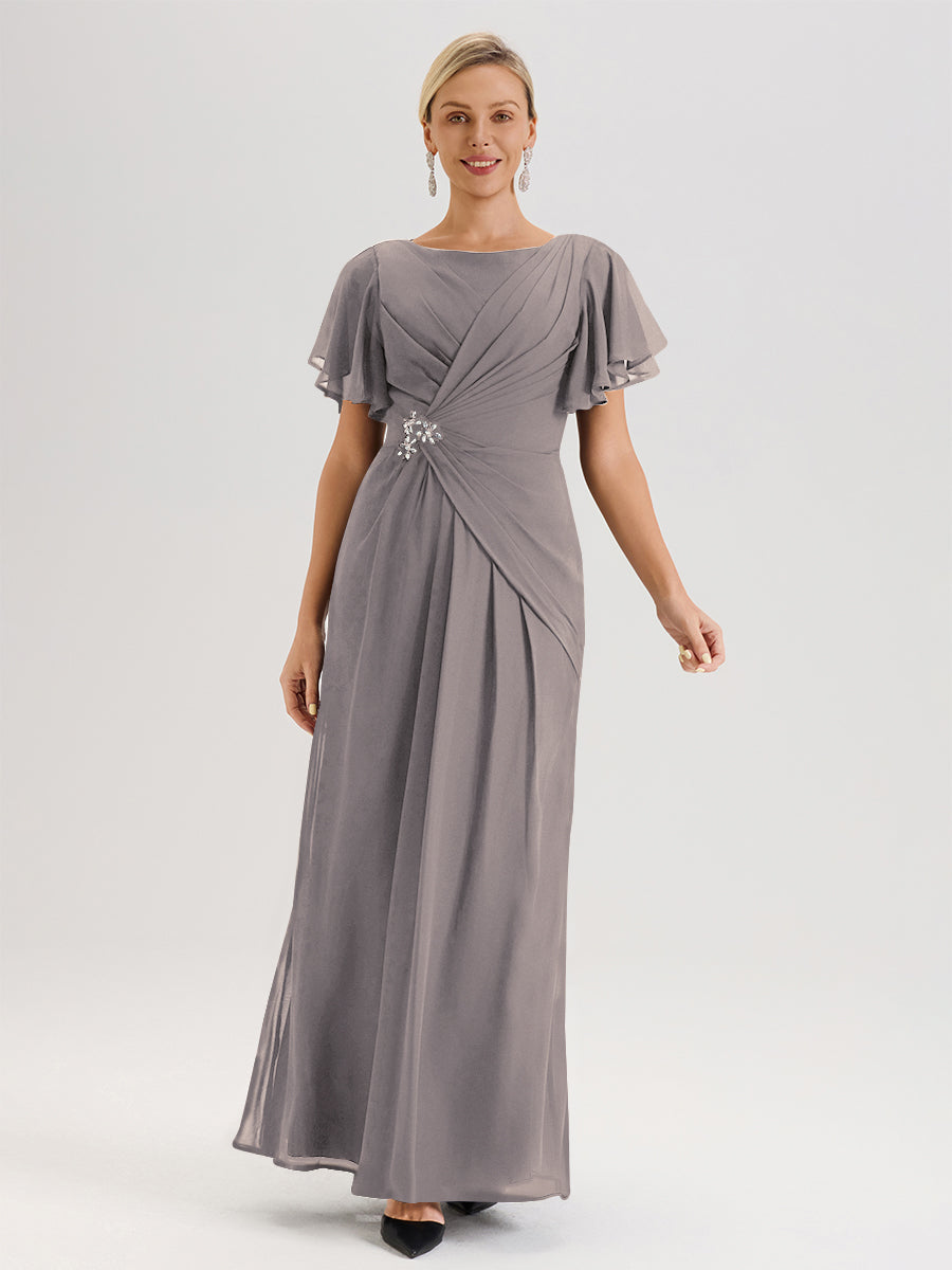 Cicinia Robe Pour Mère De La Mariée Rose Longueur Au Sol En Chiffon Col Rond À Manches Courtes Volantées