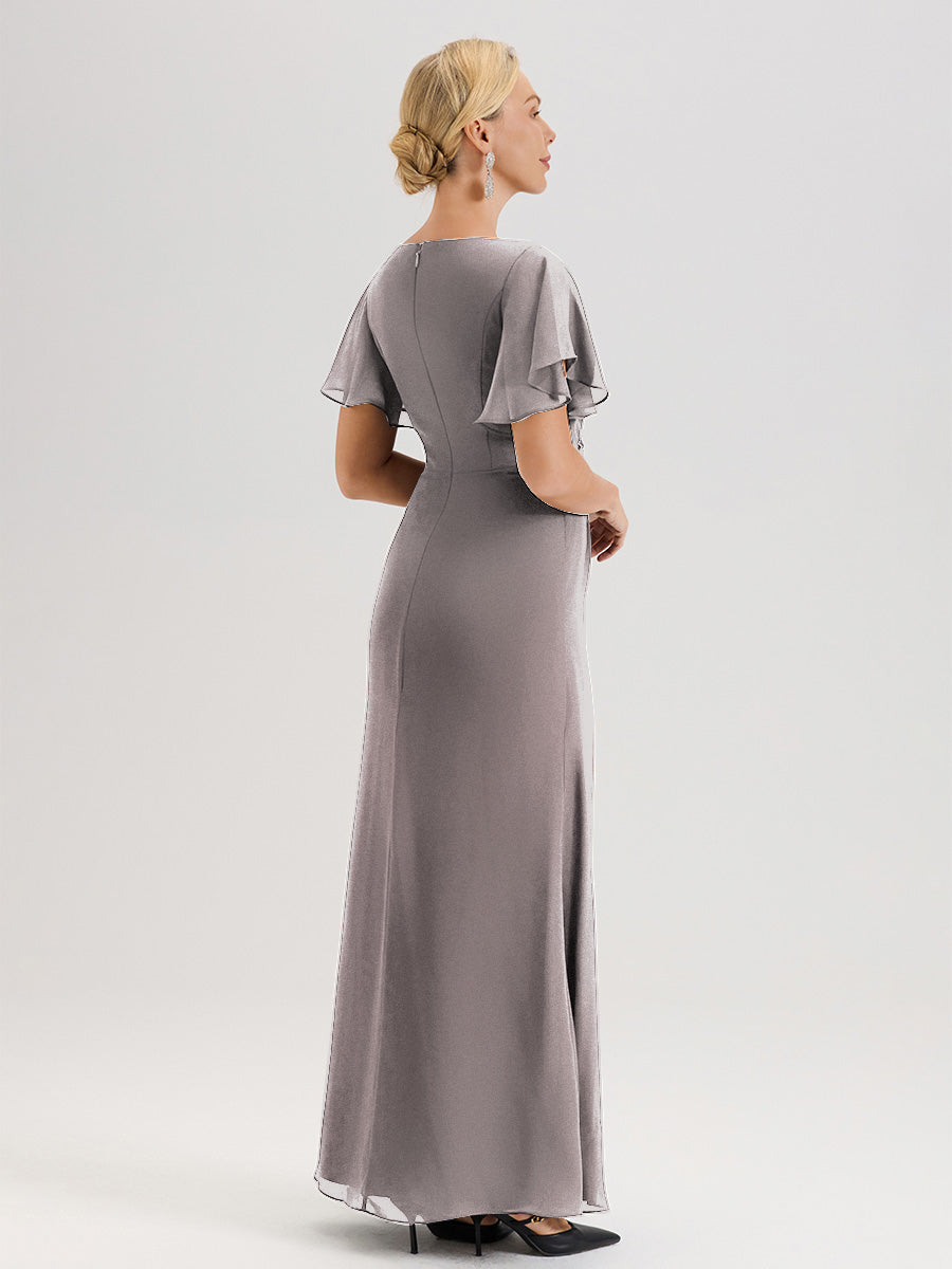 Cicinia Robe Pour Mère De La Mariée Argenté Longueur Au Sol En Chiffon Col Rond À Manches Courtes Volantées