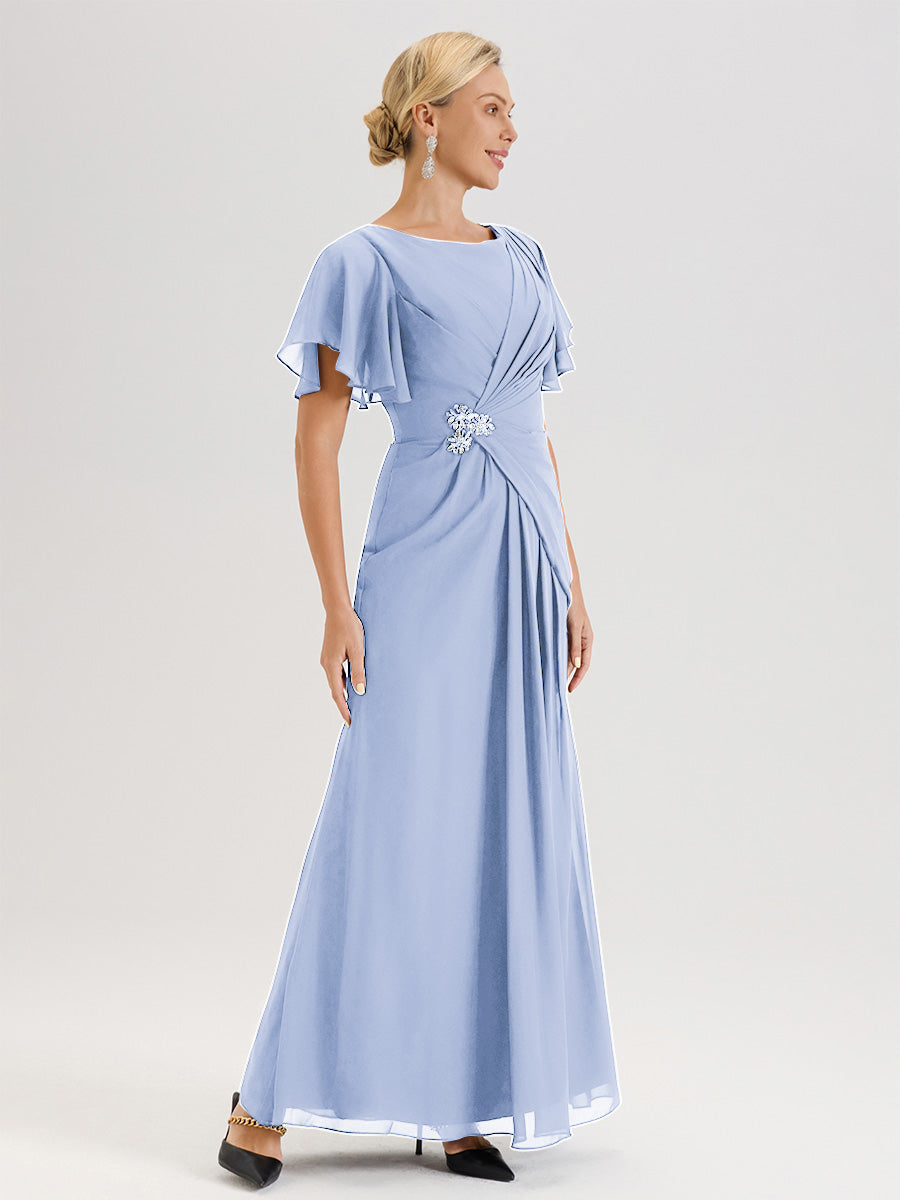 Cicinia Robe Pour Mère De La Mariée Bleu Ciel Longueur Au Sol En Chiffon Col Rond À Manches Courtes Volantées