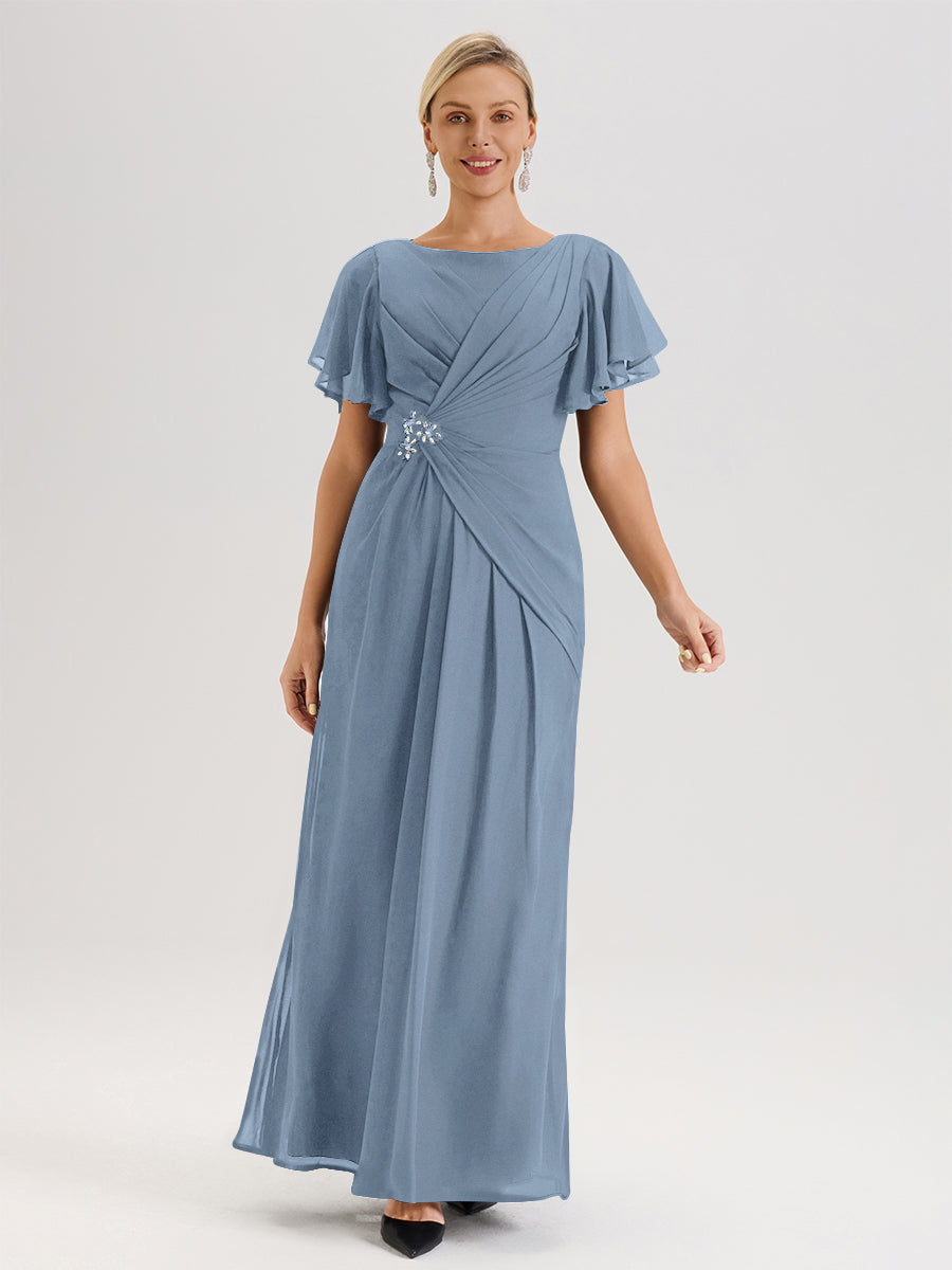 Cicinia Robe Pour Mère De La Mariée Bleu De Schiste Longueur Au Sol En Chiffon Col Rond À Manches Courtes Volantées