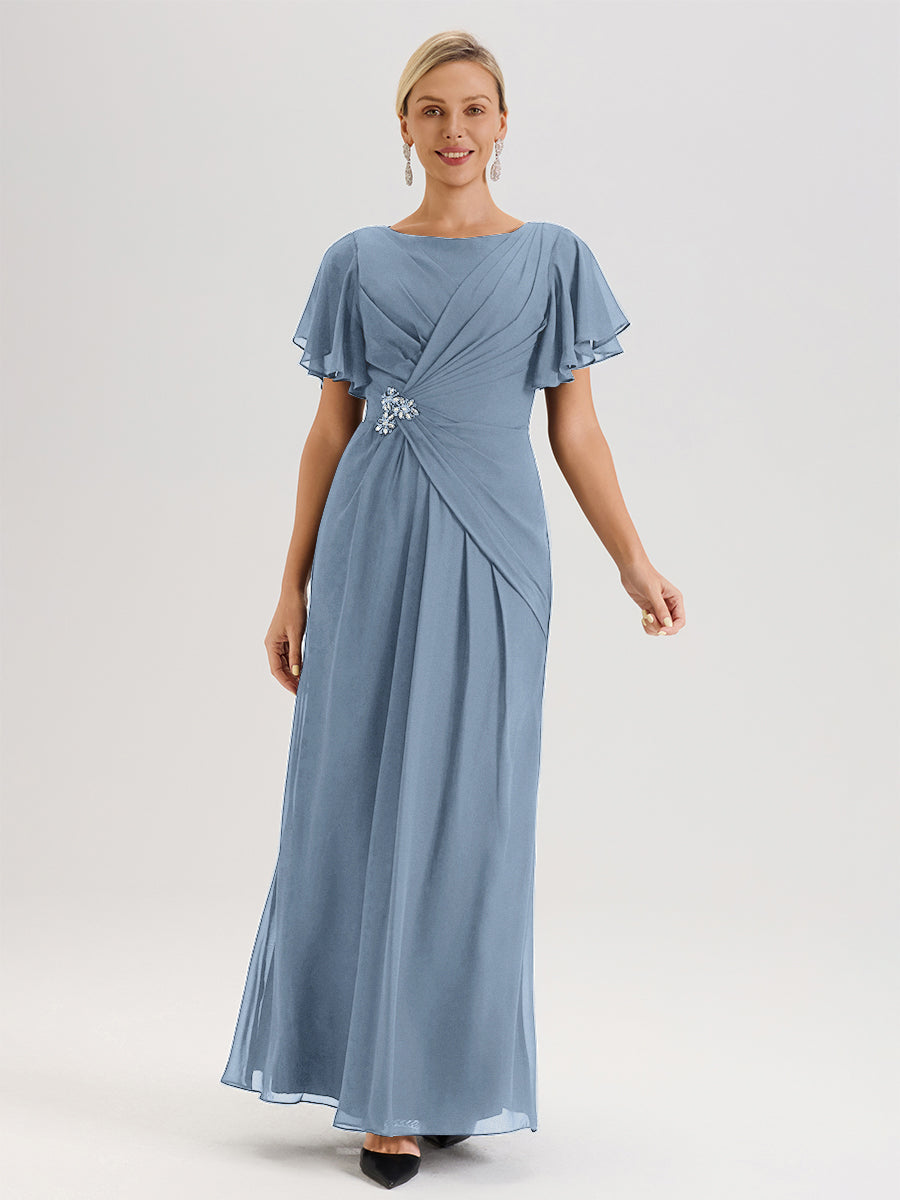 Cicinia Robe Pour Mère De La Mariée Bleu De Schiste Longueur Au Sol En Chiffon Col Rond À Manches Courtes Volantées