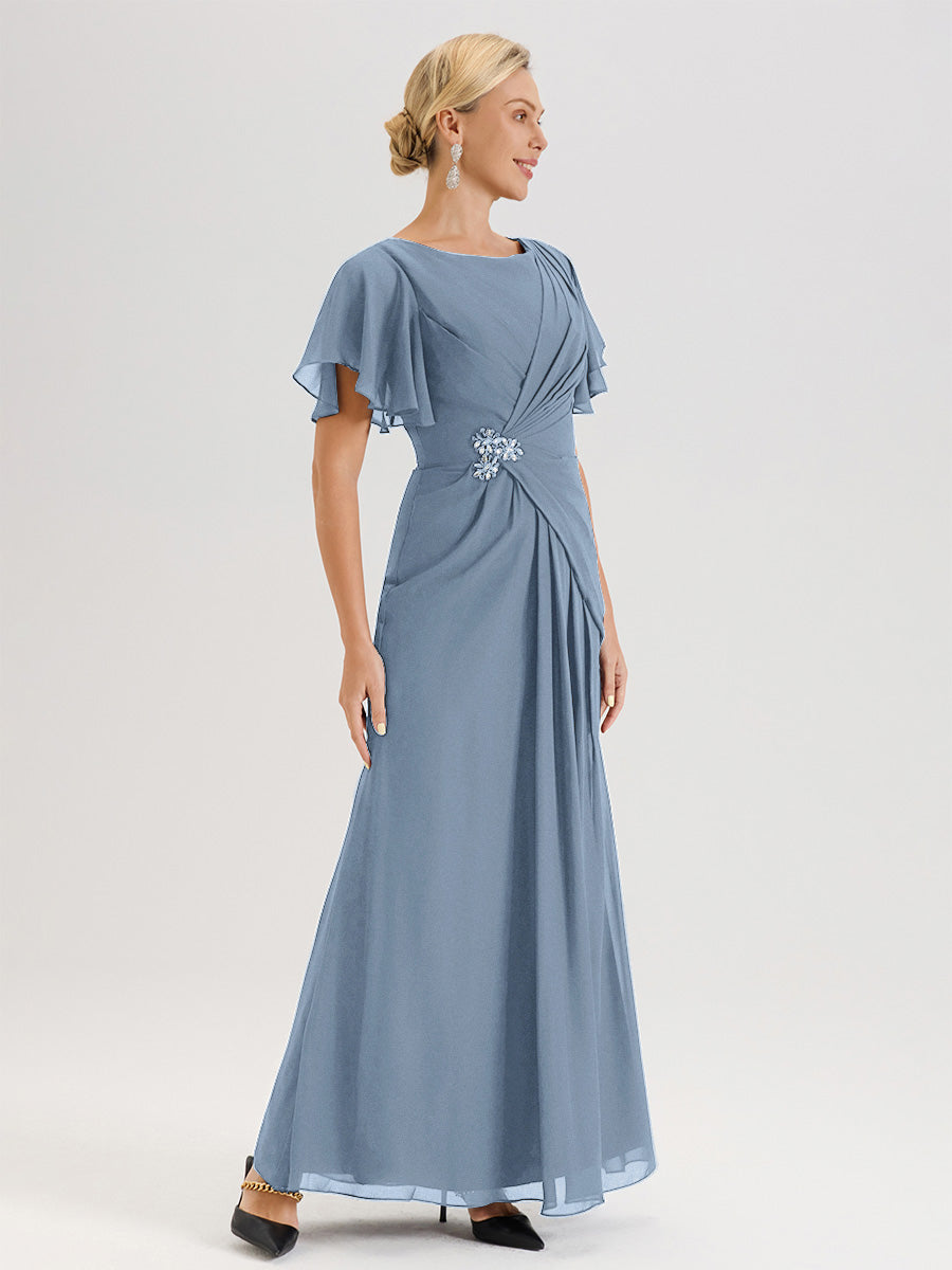 Cicinia Robe Pour Mère De La Mariée Bleu De Schiste Longueur Au Sol En Chiffon Col Rond À Manches Courtes Volantées