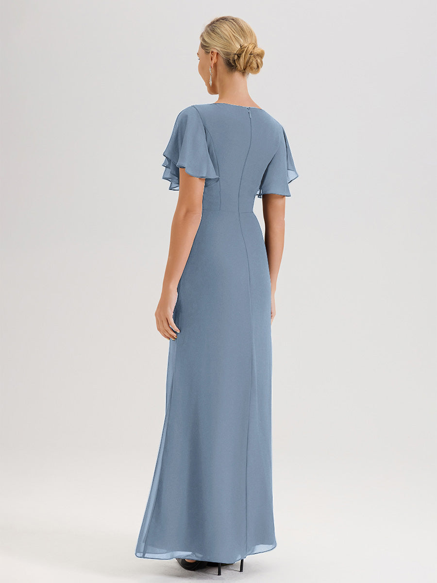 Cicinia Robe Pour Mère De La Mariée Bleu De Schiste Longueur Au Sol En Chiffon Col Rond À Manches Courtes Volantées