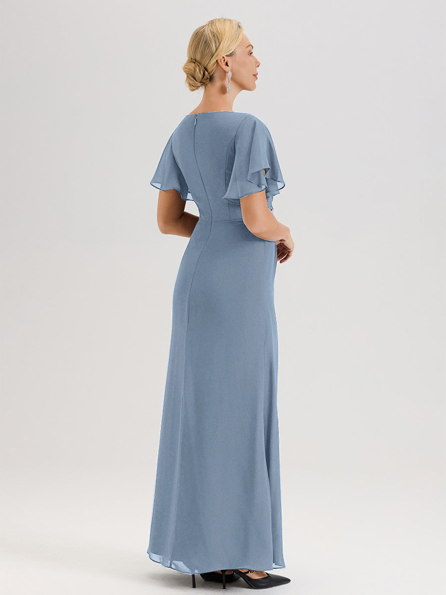 Cicinia Robe Pour Mère De La Mariée Bleu De Schiste Longueur Au Sol En Chiffon Col Rond À Manches Courtes Volantées