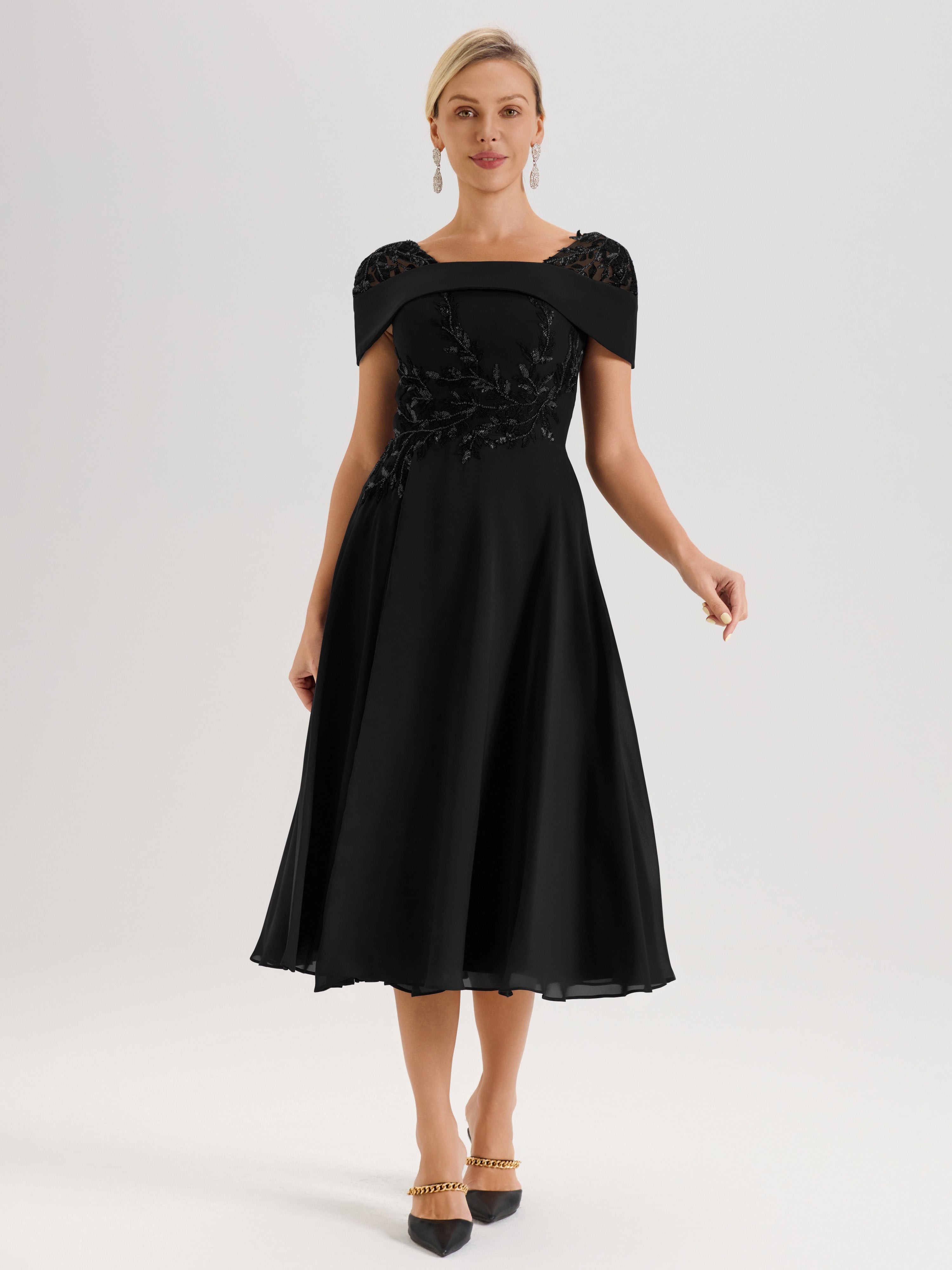 Cicinia Robe Trapèze Pour Mère De La Mariée Noir En Mousseline Et Dentelle Col Carré Manches Courtes Longueur Mi-Mollet