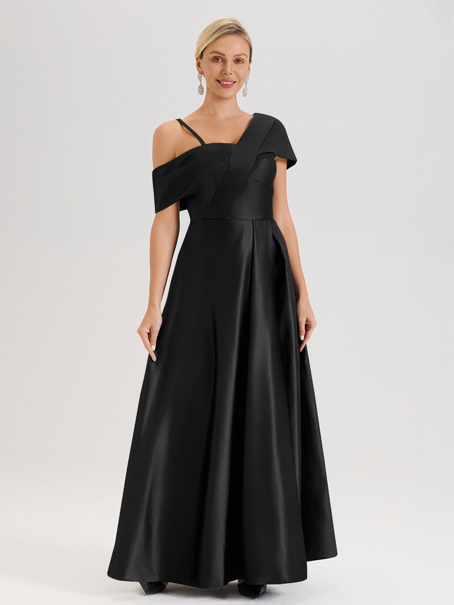 Cicinia Noir Robe Mère De La Mariée Longueur Au Sol Trapèze Une Épaule En Satin Avec Jupe Plissée Fendue