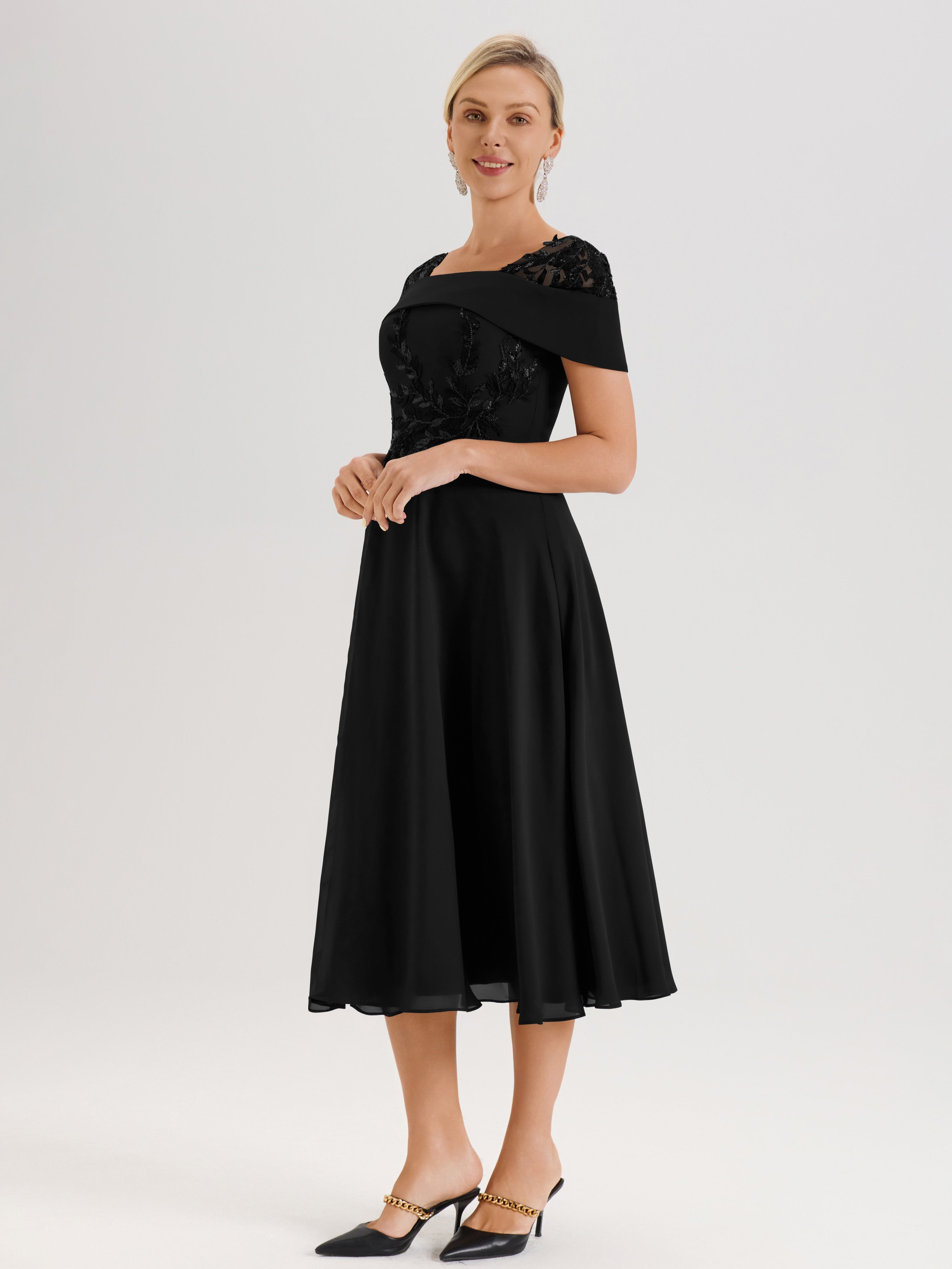 Cicinia Robe Trapèze Pour Mère De La Mariée Noir En Mousseline Et Dentelle Col Carré Manches Courtes Longueur Mi-Mollet