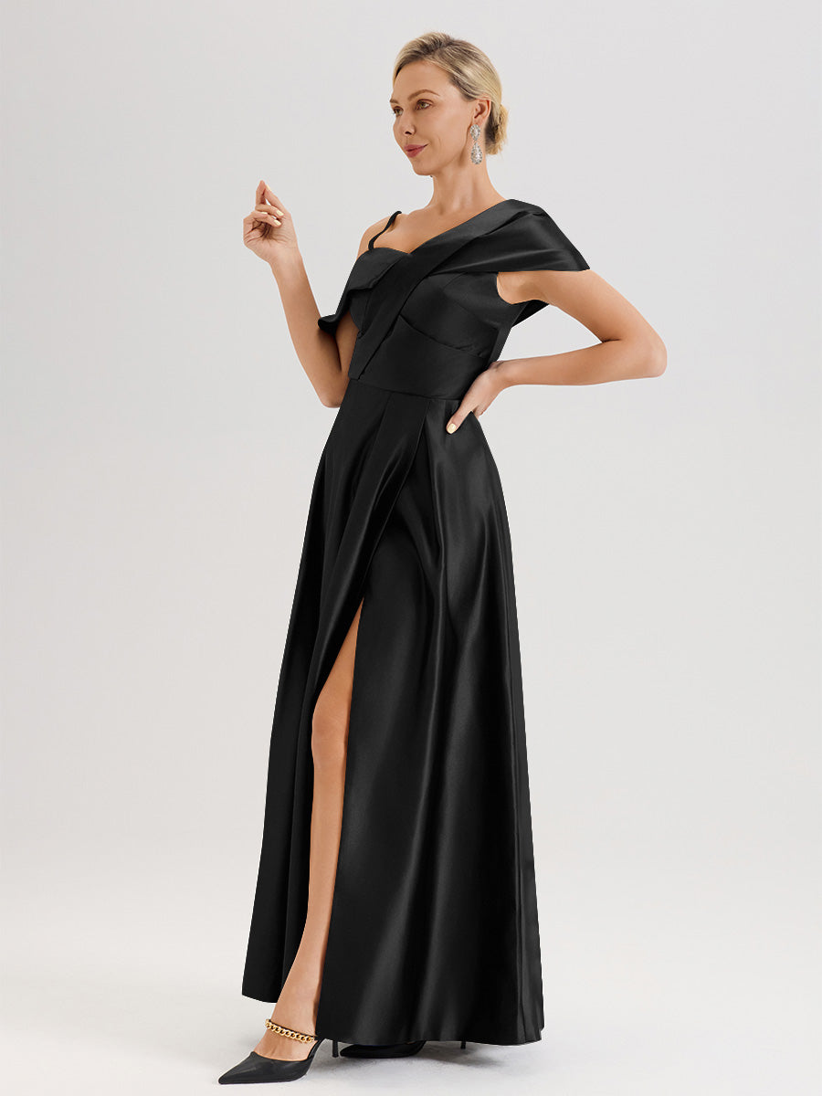 Cicinia Noir Robe Mère De La Mariée Longueur Au Sol Trapèze Une Épaule En Satin Avec Jupe Plissée Fendue