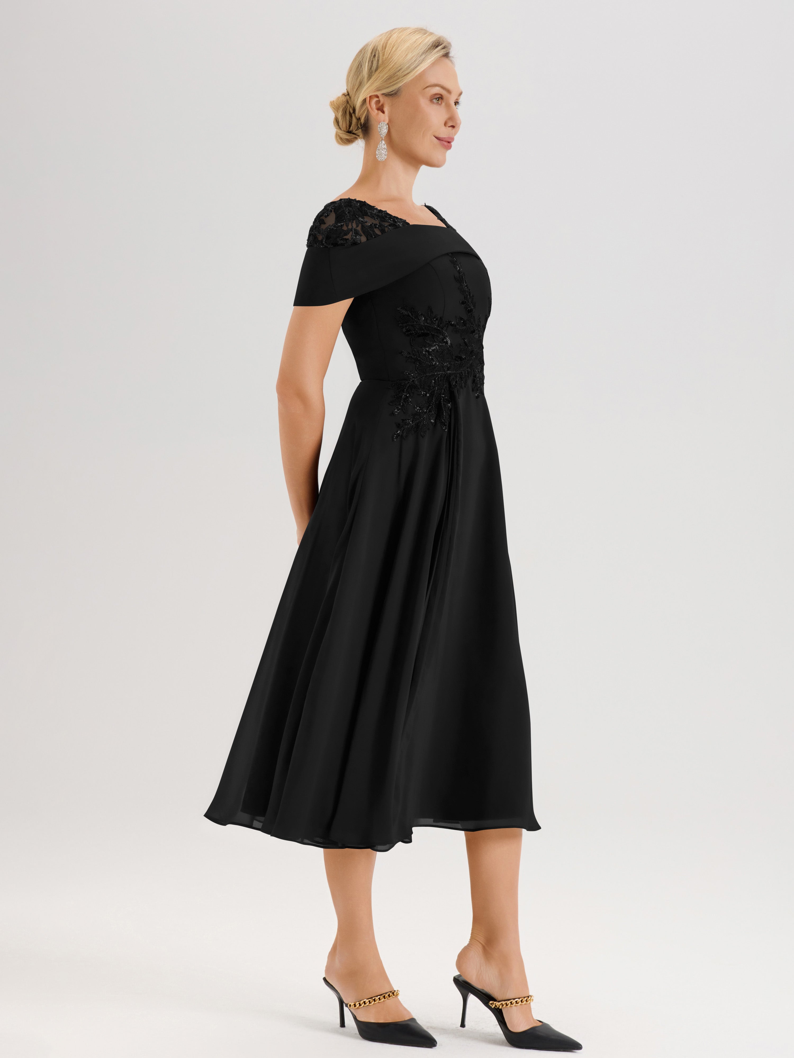Cicinia Robe Trapèze Pour Mère De La Mariée Noir En Mousseline Et Dentelle Col Carré Manches Courtes Longueur Mi-Mollet