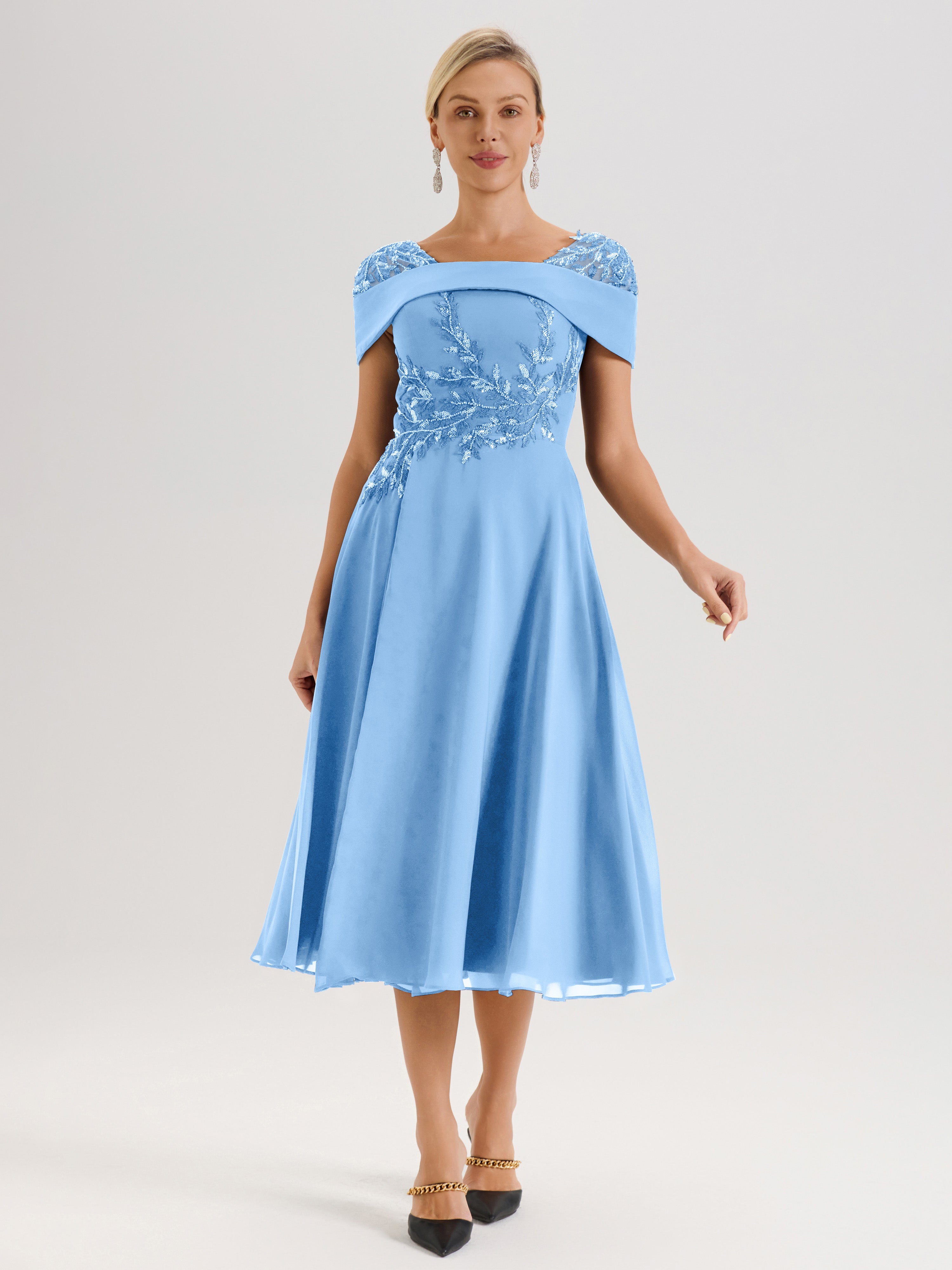 Cicinia Robe Trapèze Pour Mère De La Mariée Bleu En Mousseline Et Dentelle Col Carré Manches Courtes Longueur Mi-Mollet