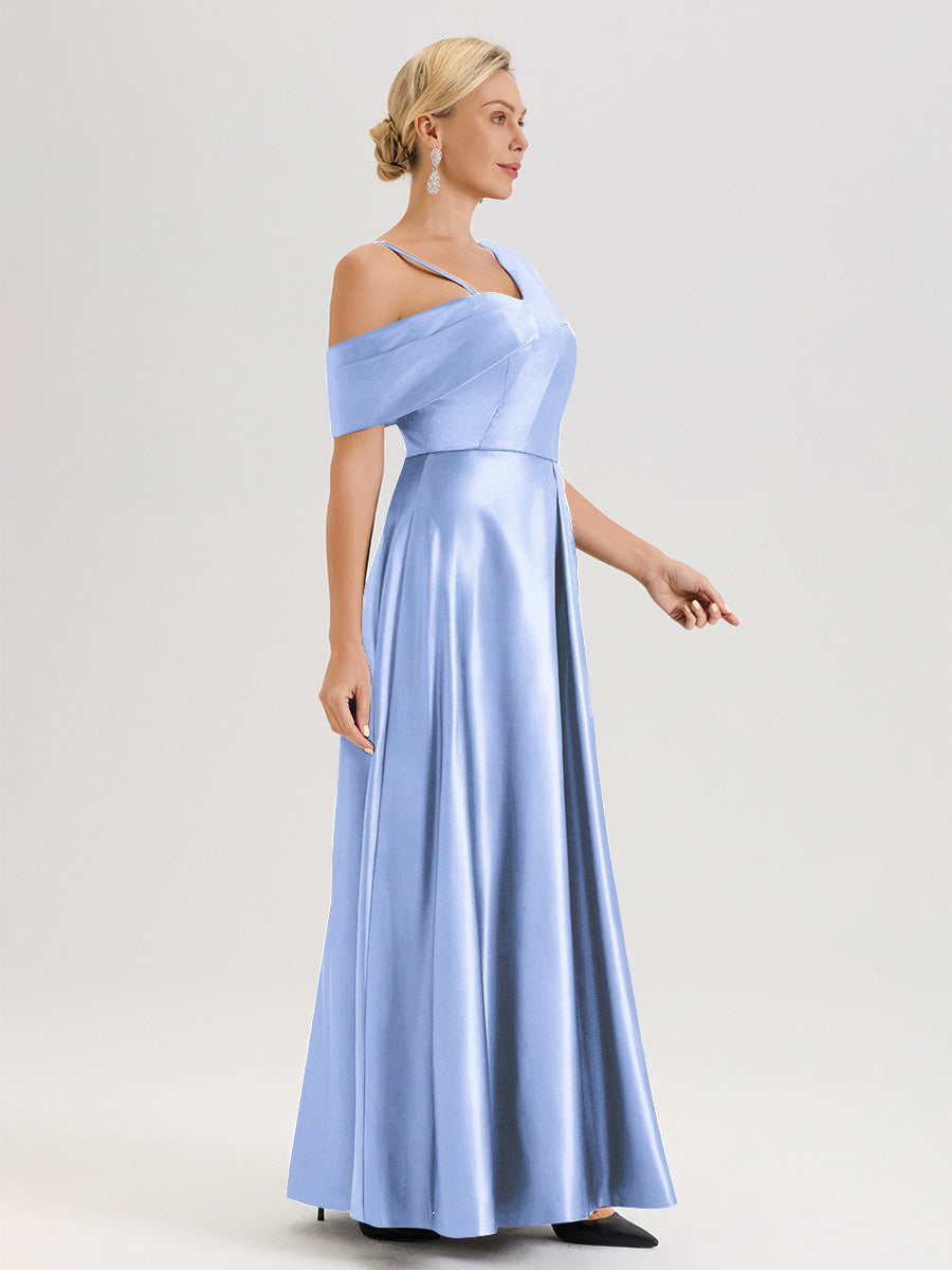 Cicinia Bleu Robe Mère De La Mariée Longueur Au Sol Trapèze Une Épaule En Satin Avec Jupe Plissée Fendue