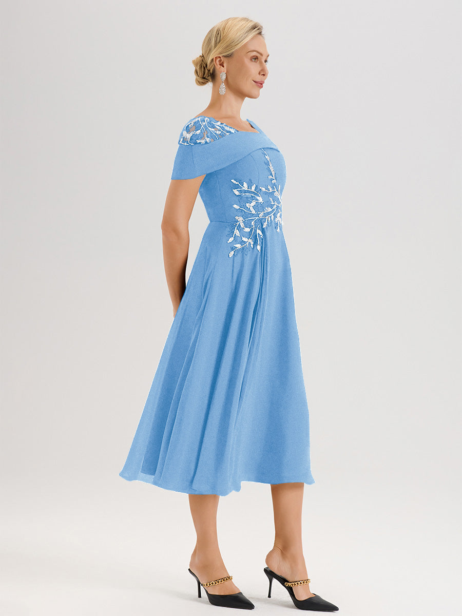 Cicinia Robe Trapèze Pour Mère De La Mariée Bleu En Mousseline Et Dentelle Col Carré Manches Courtes Longueur Mi-Mollet