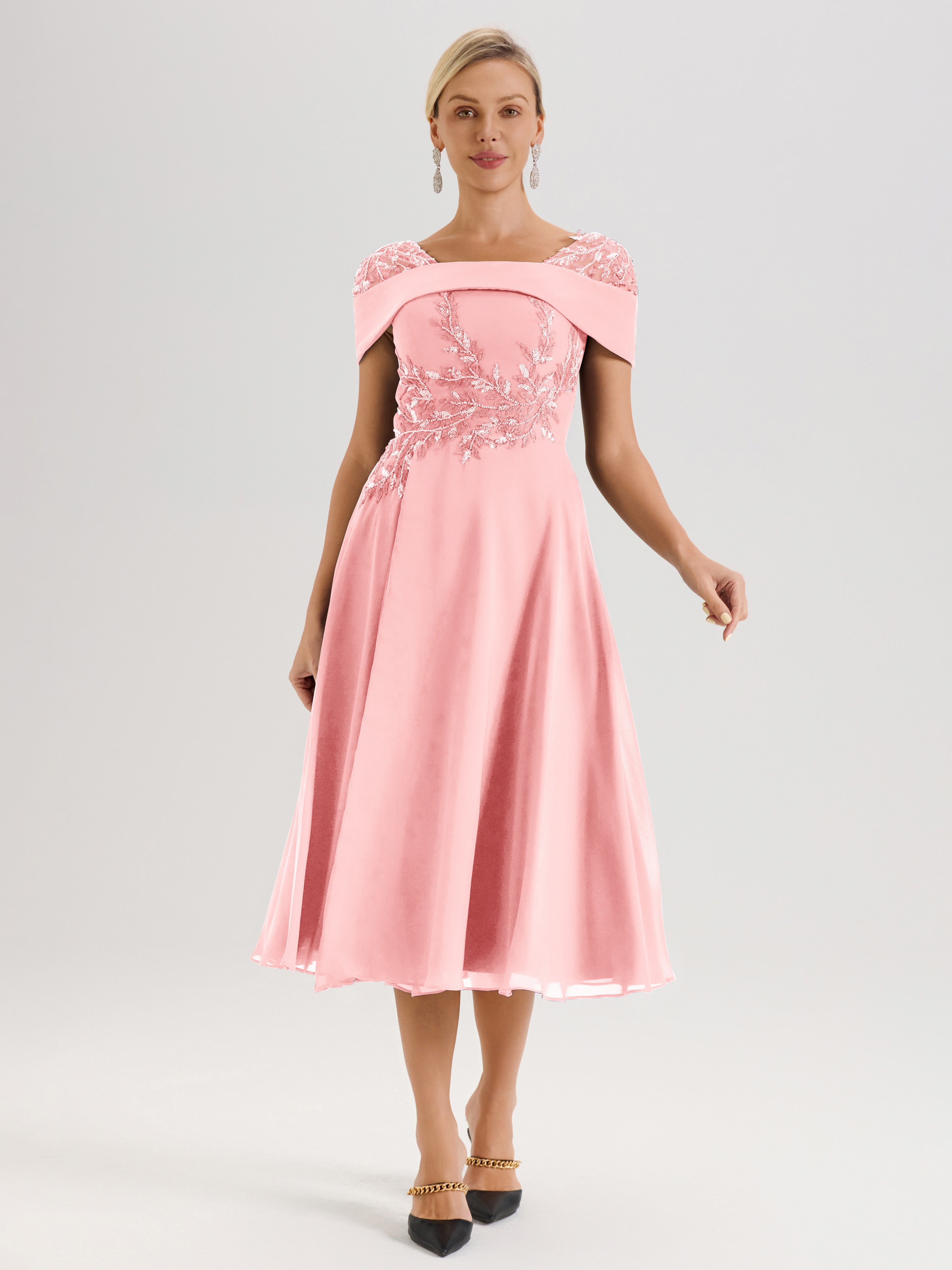 Cicinia Robe Trapèze Pour Mère De La Mariée En Rose En Mousseline Et Dentelle Col Carré Manches Courtes Longueur Mi-Mollet