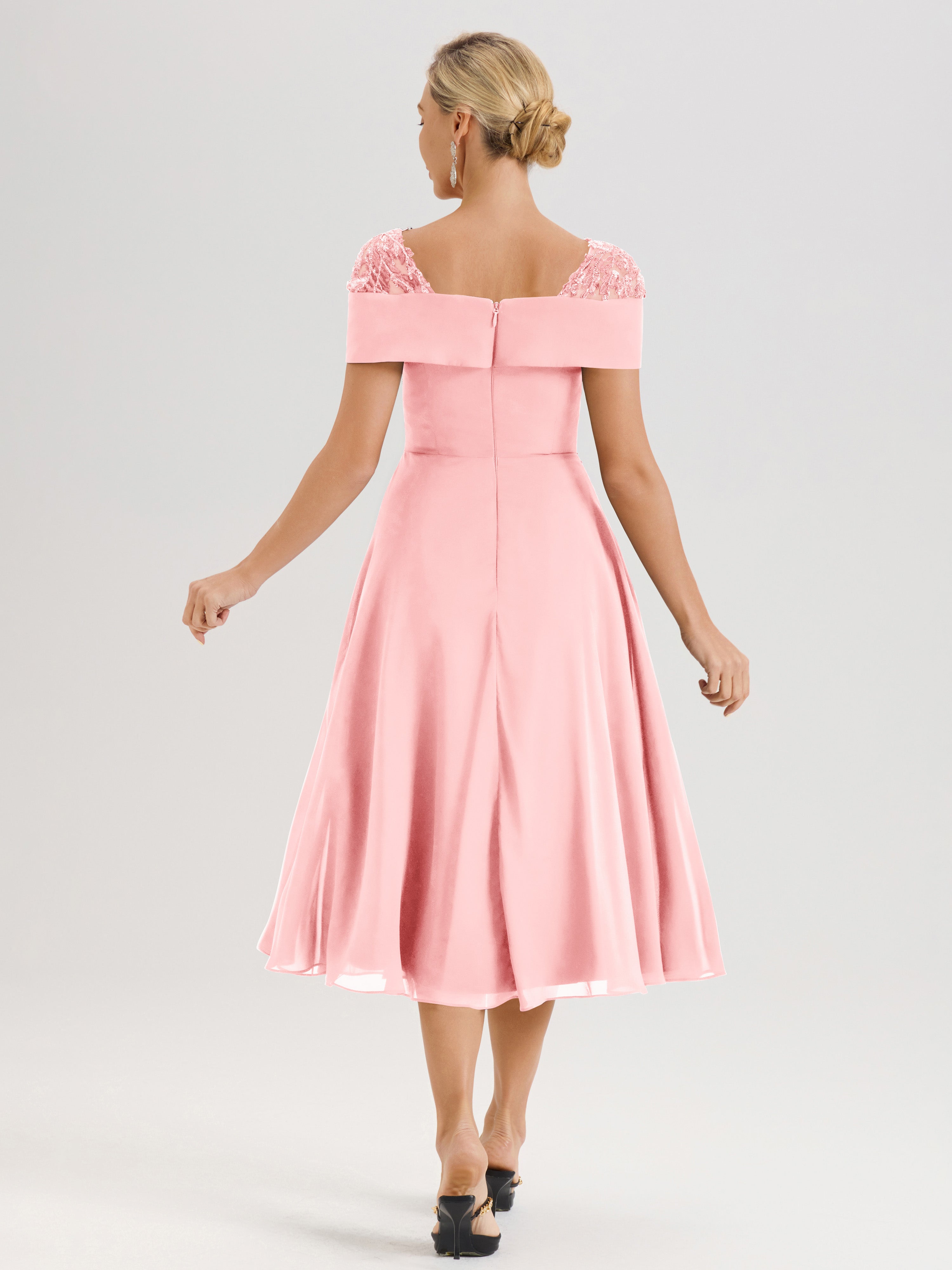 Cicinia Robe Trapèze Pour Mère De La Mariée En Rose En Mousseline Et Dentelle Col Carré Manches Courtes Longueur Mi-Mollet