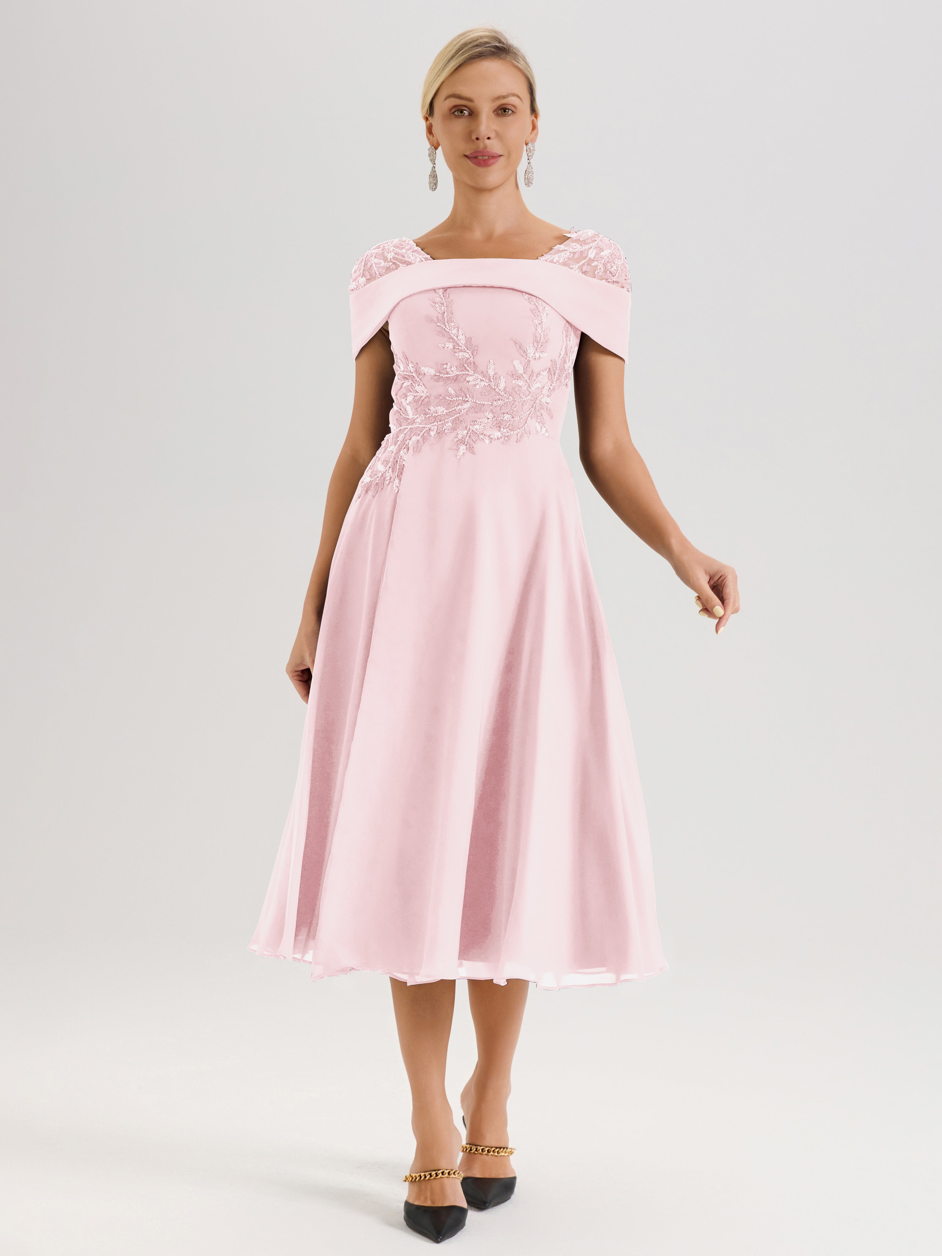 Cicinia Robe Trapèze Pour Mère De La Mariée Rose Pale En Mousseline Et Dentelle Col Carré Manches Courtes Longueur Mi-Mollet