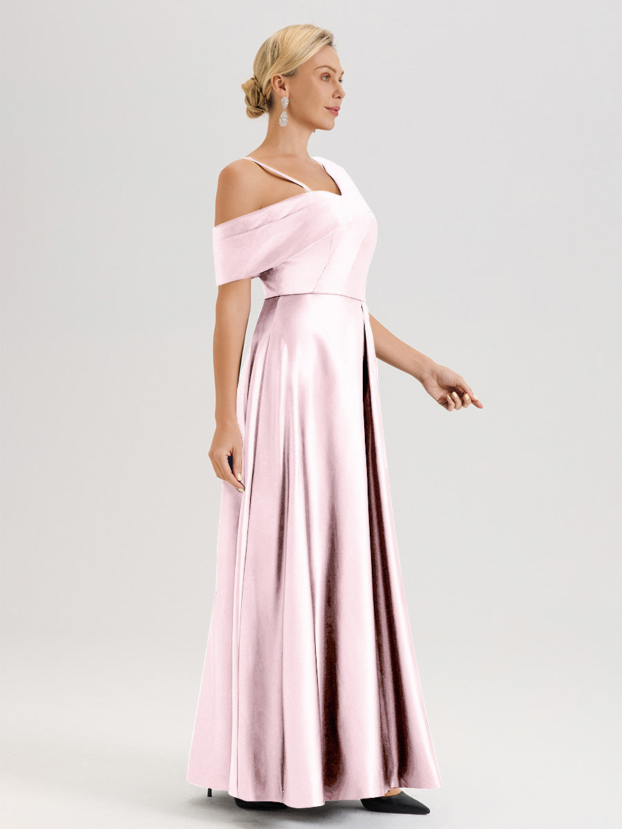 Cicinia Papaye Robe Mère De La Mariée Longueur Au Sol Trapèze Une Épaule En Satin Avec Jupe Plissée Fendue