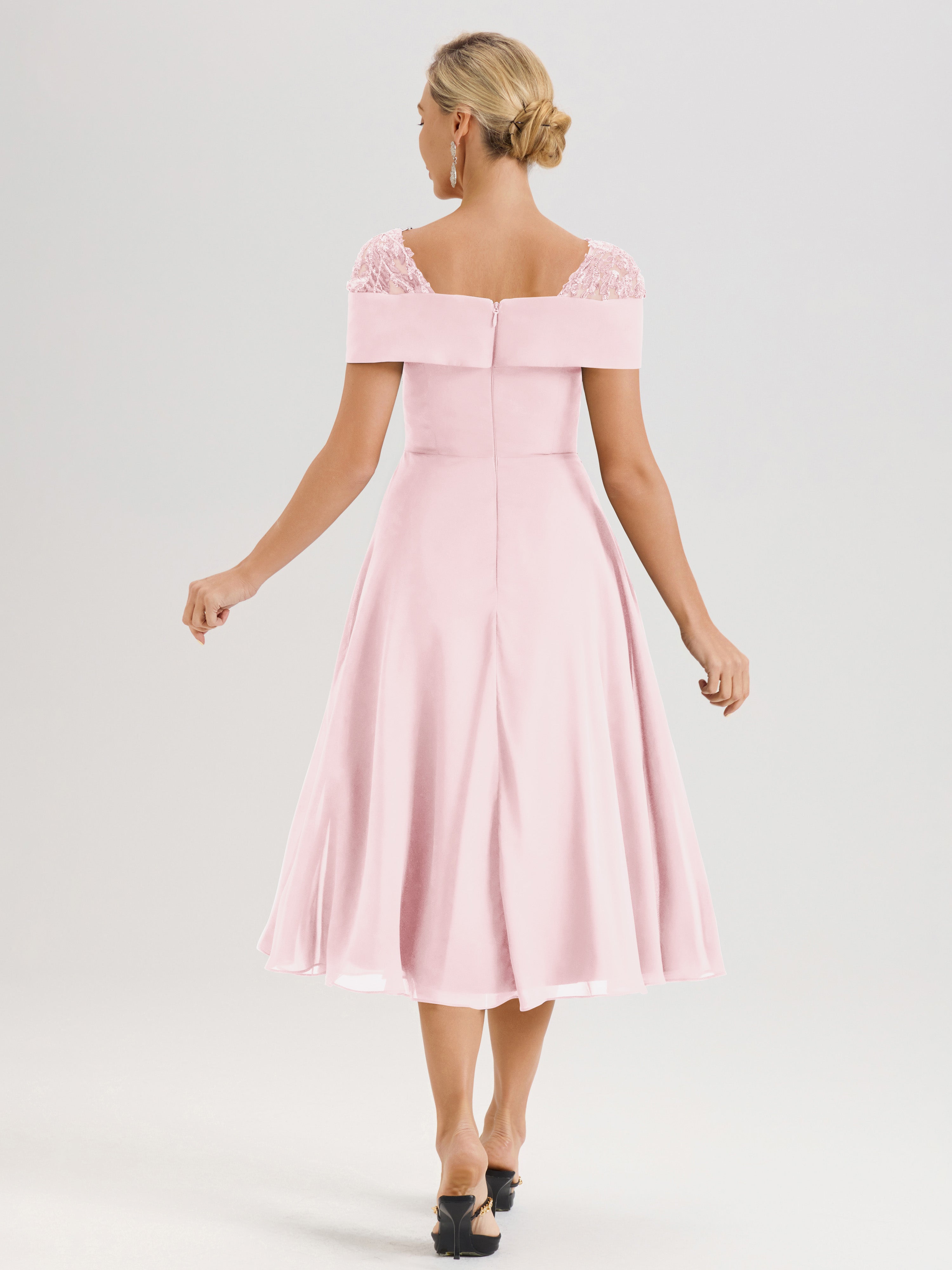 Cicinia Robe Trapèze Pour Mère De La Mariée Rose Pale En Mousseline Et Dentelle Col Carré Manches Courtes Longueur Mi-Mollet