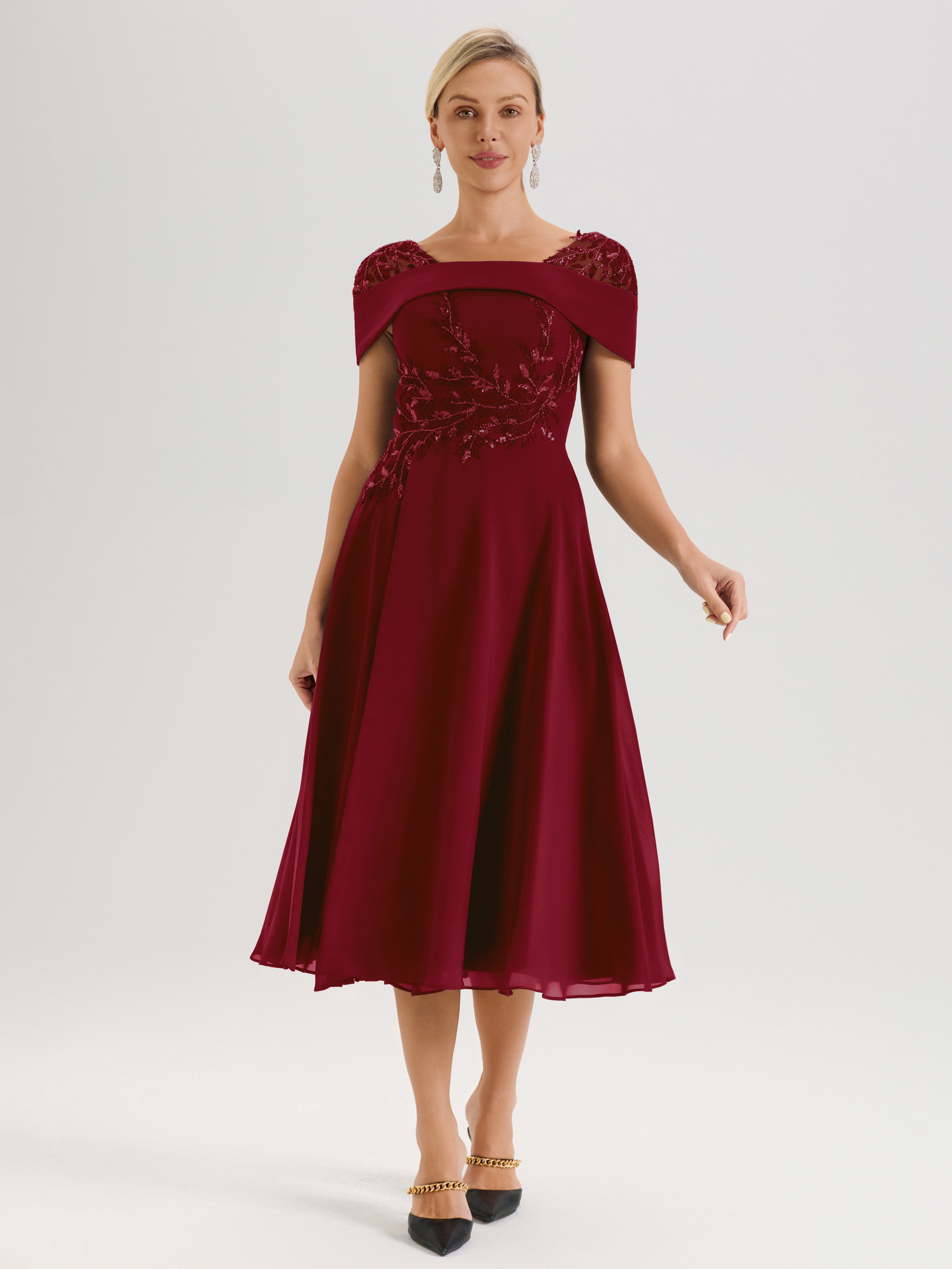 Cicinia Robe Trapèze Pour Mère De La Mariée BORDEAUX En Mousseline Et Dentelle Col Carré Manches Courtes Longueur Mi-Mollet