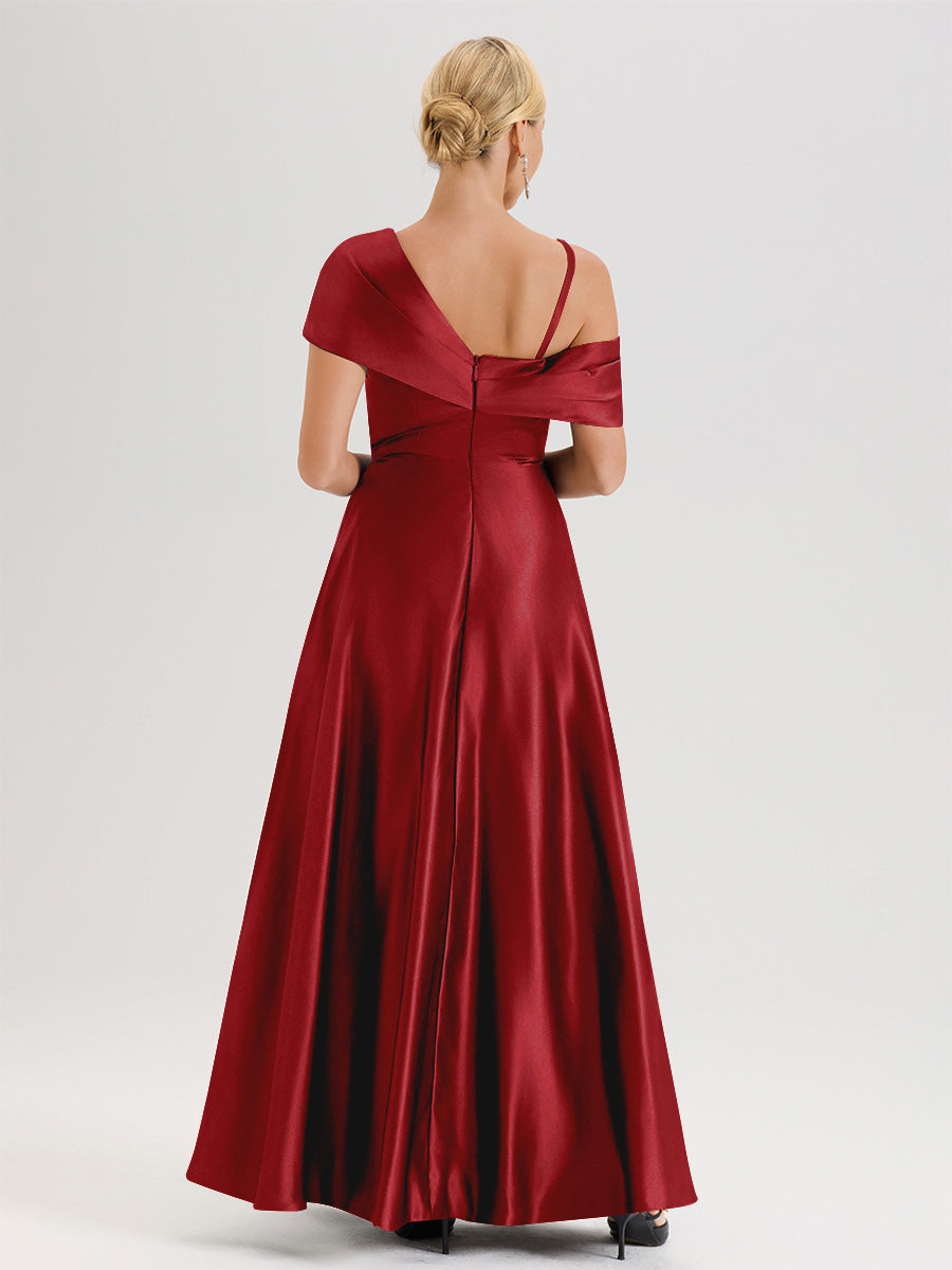 Cicinia Rose Pâle Robe Mère De La Mariée Longueur Au Sol Trapèze Une Épaule En Satin Avec Jupe Plissée Fendue