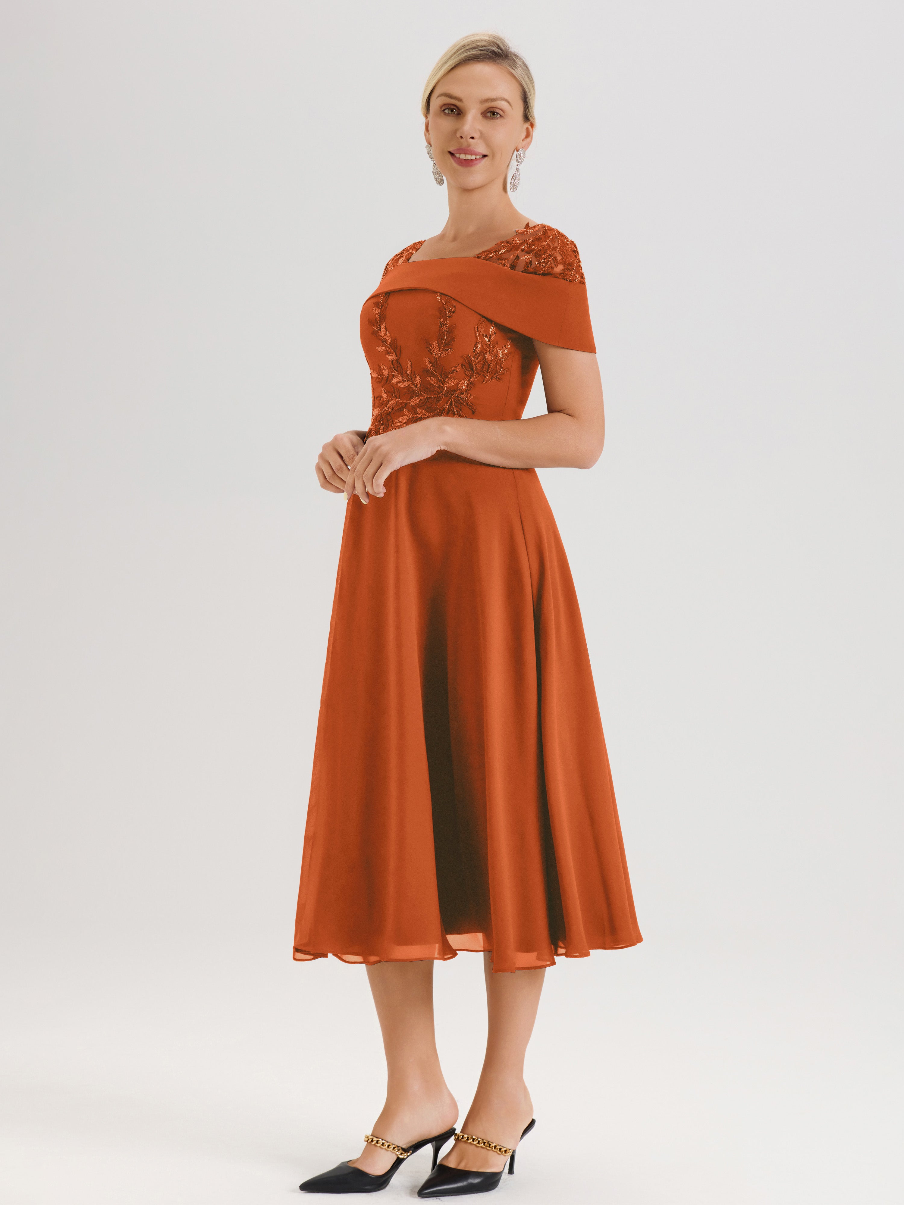 Cicinia Robe Trapèze Pour Mère De La Mariée Orange Brûlé En Mousseline Et Dentelle Col Carré Manches Courtes Longueur Mi-Mollet