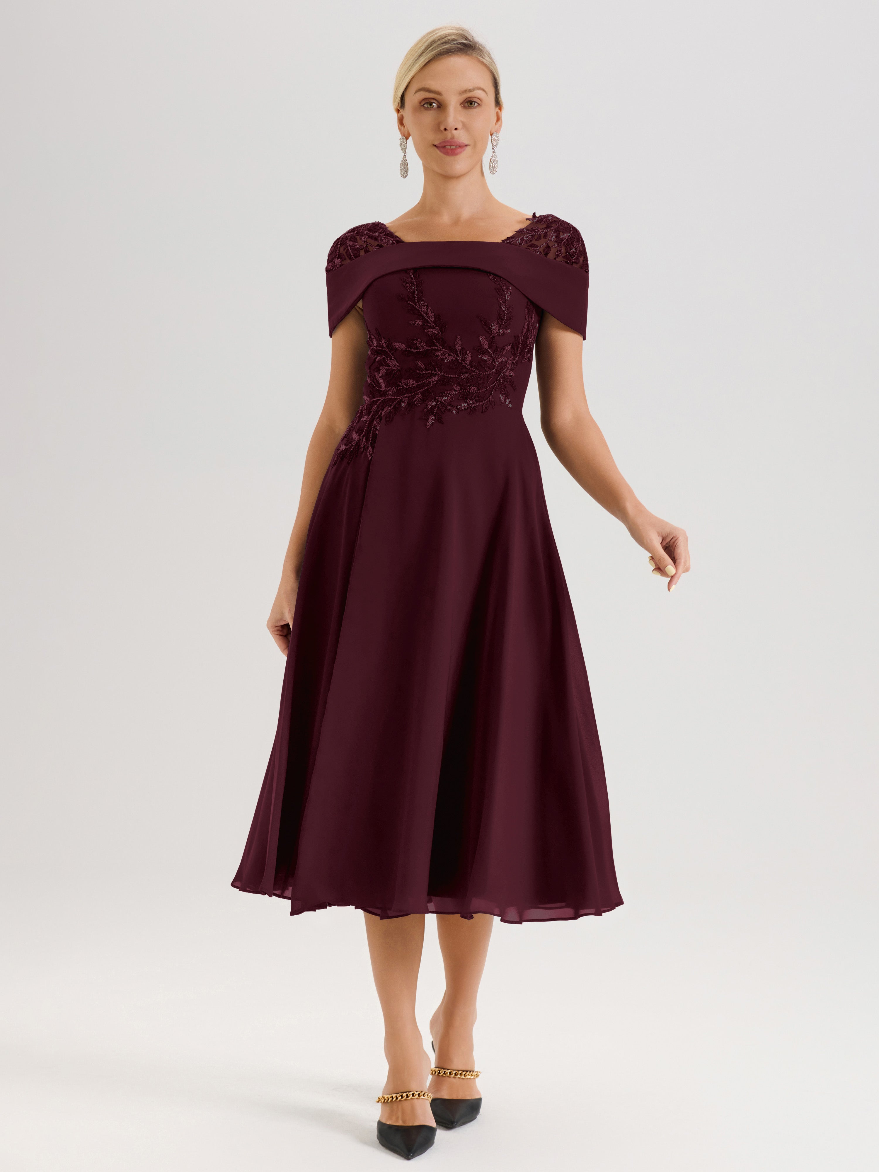 Cicinia Robe Trapèze Pour Mère De La Mariée Cabernet En Mousseline Et Dentelle Col Carré Manches Courtes Longueur Mi-Mollet